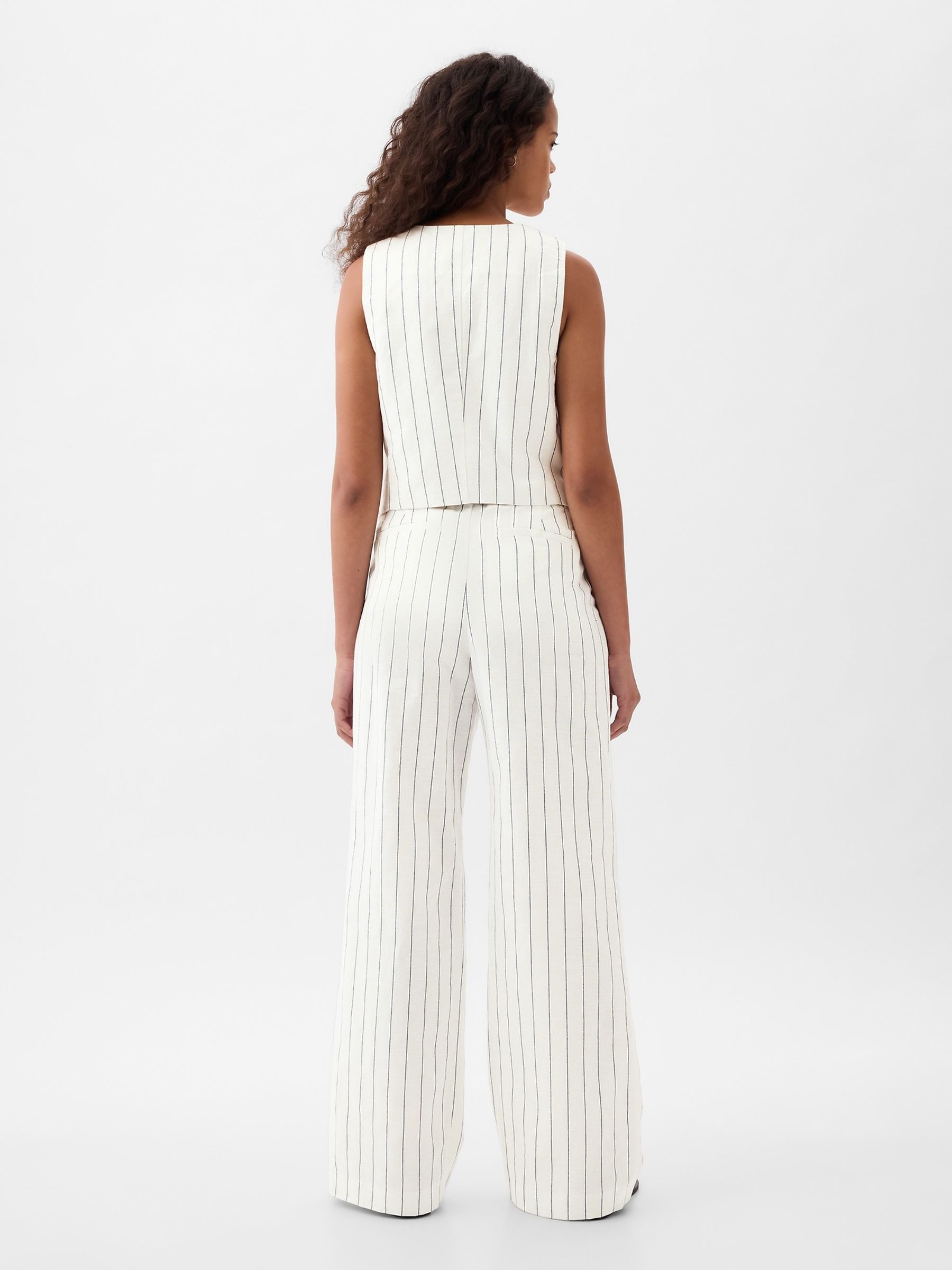 White & Navy Stripe High Waisted Linen Cotton Trousers - Image 2 of 4