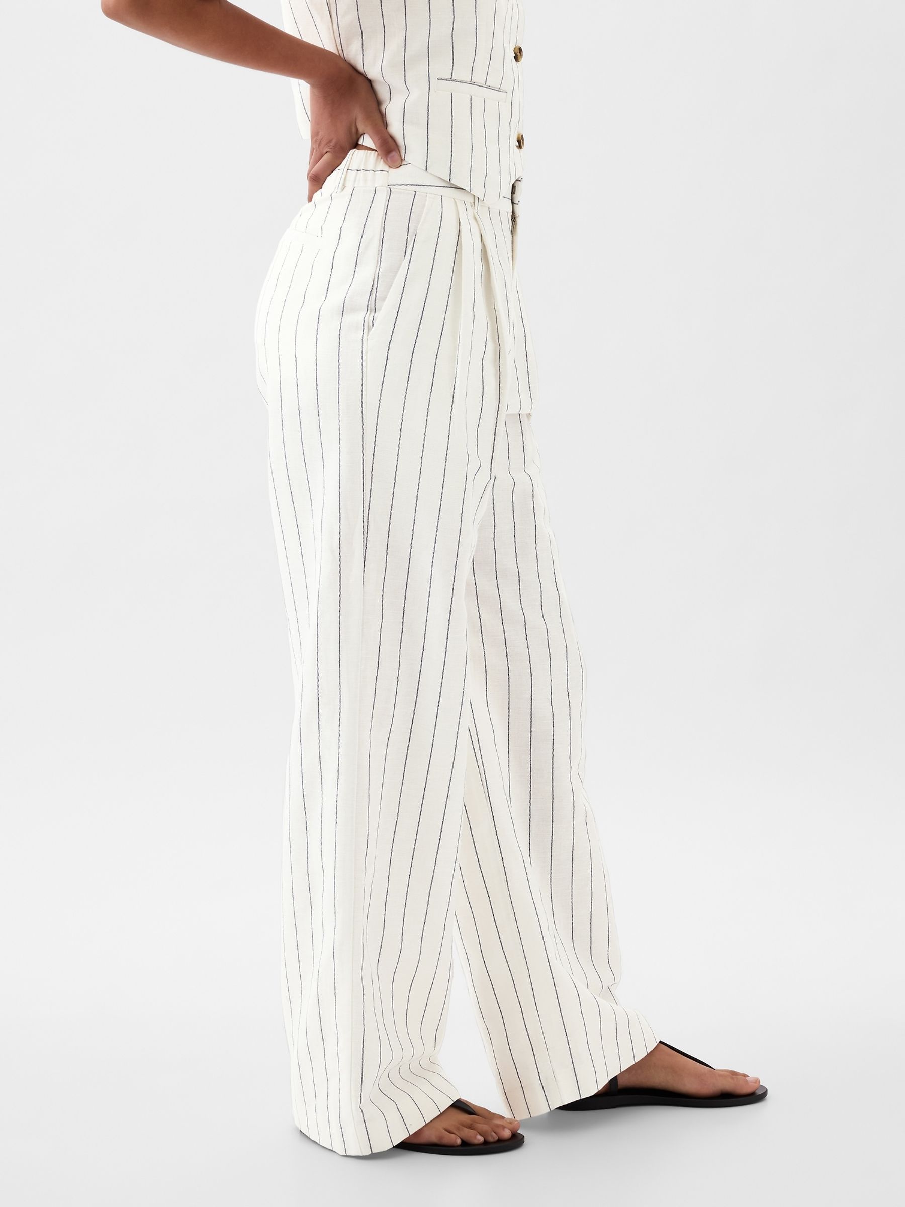 White & Navy Stripe High Waisted Linen Cotton Trousers - Image 5 of 5