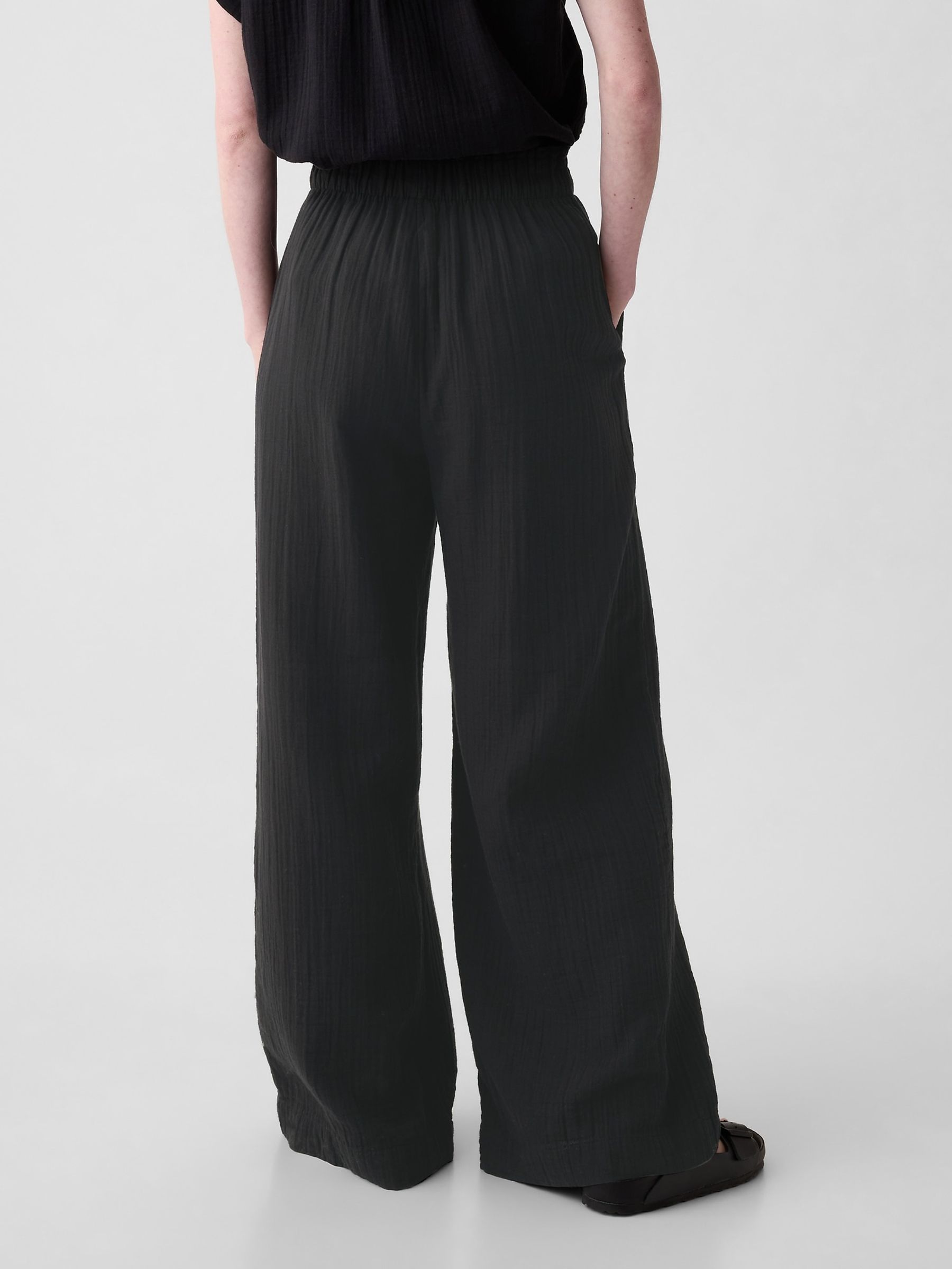 Black Crinkle Cotton Wide Leg Pull On Trouser - Image 1 of 4