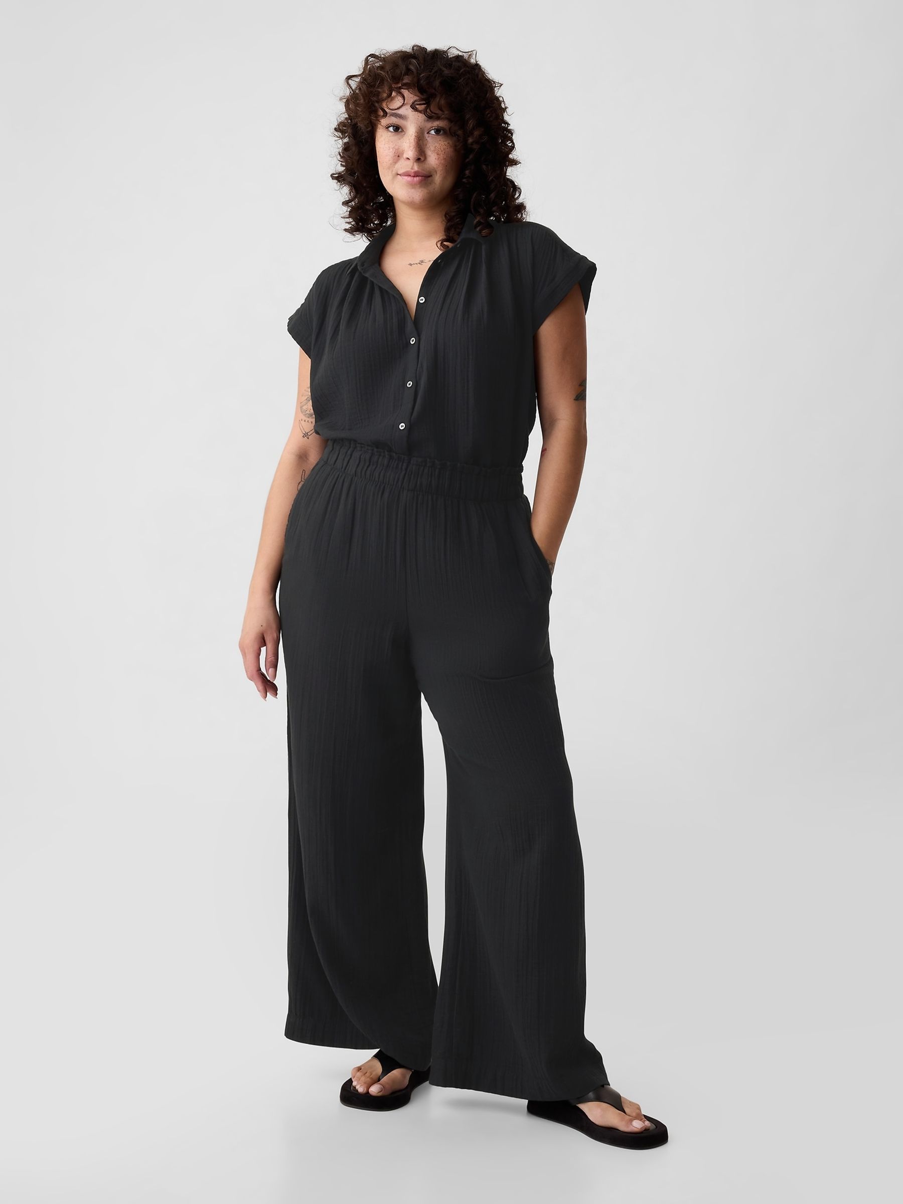 Black Crinkle Cotton Wide Leg Pull On Trouser - Image 2 of 4