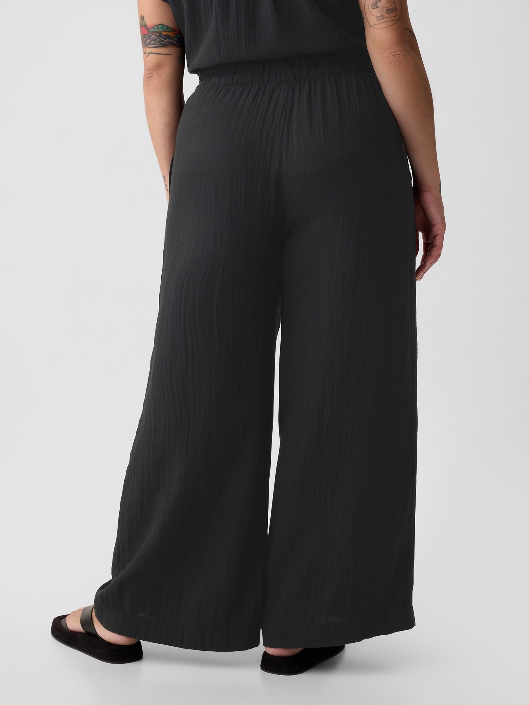 Black Crinkle Cotton Wide Leg Pull On Trouser - Image 3 of 4