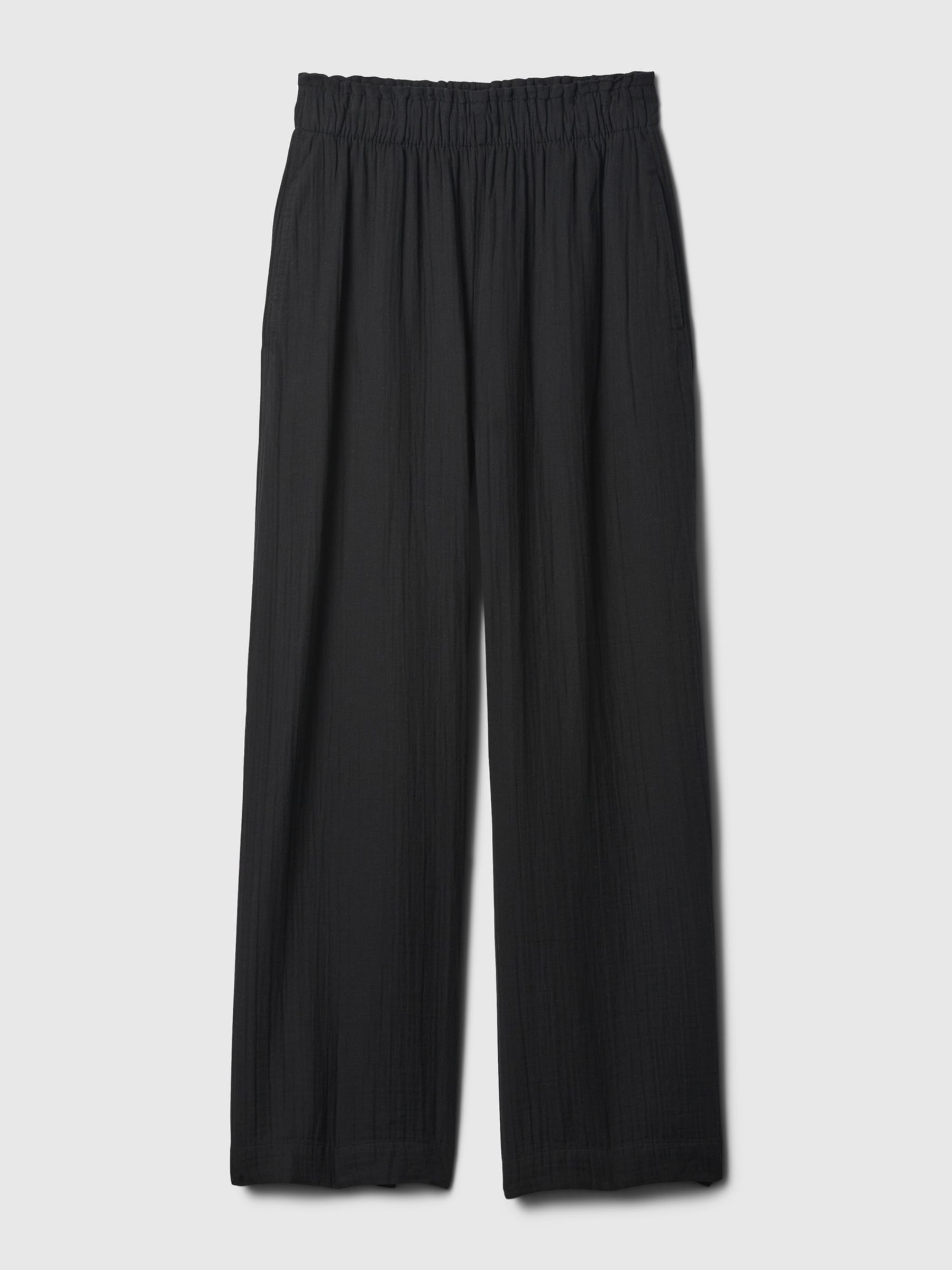 Black Crinkle Cotton Wide Leg Pull On Trouser - Image 4 of 4