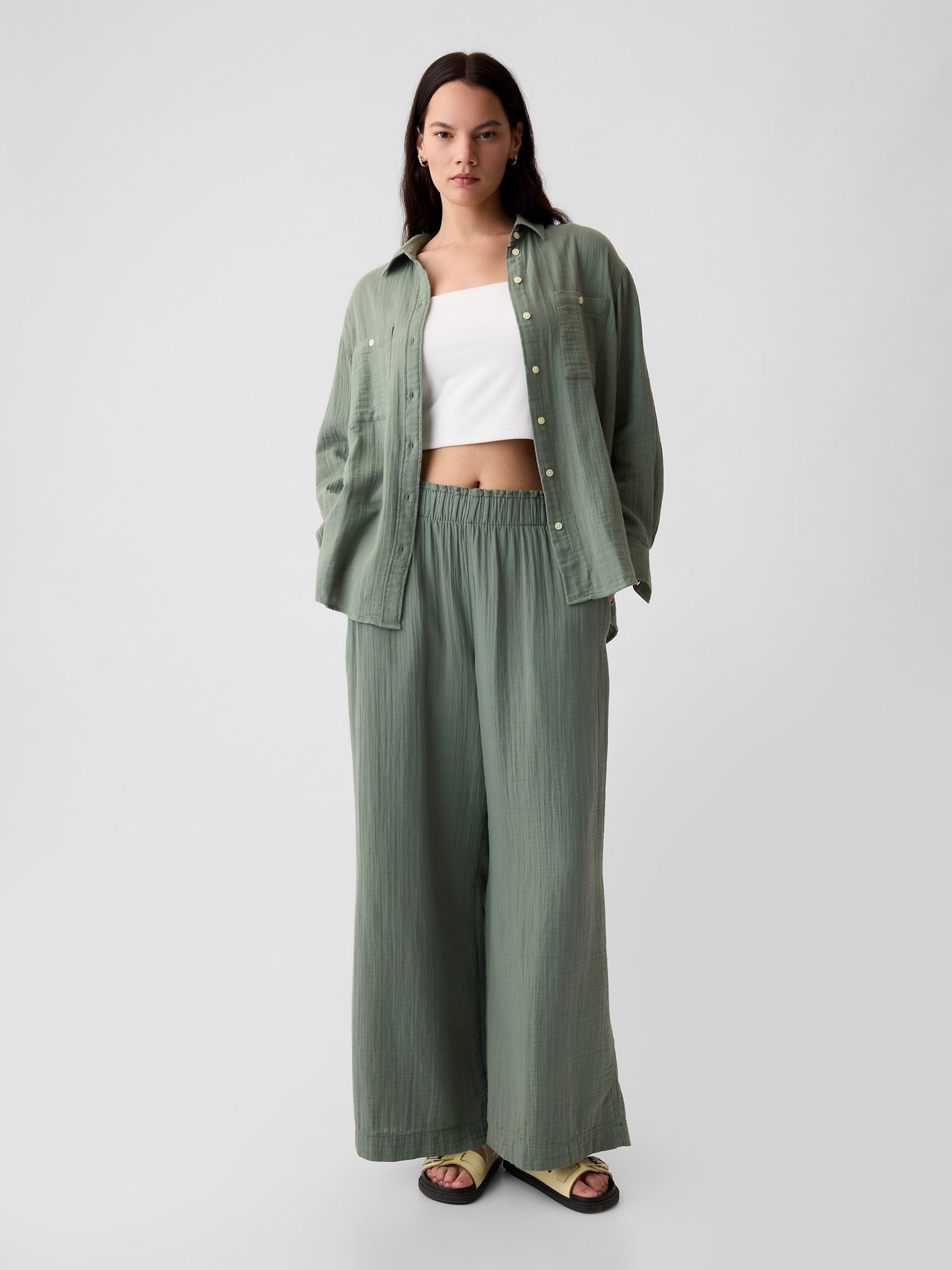 Green Crinkle Cotton Wide Leg Pull On Trouser - Image 2 of 2