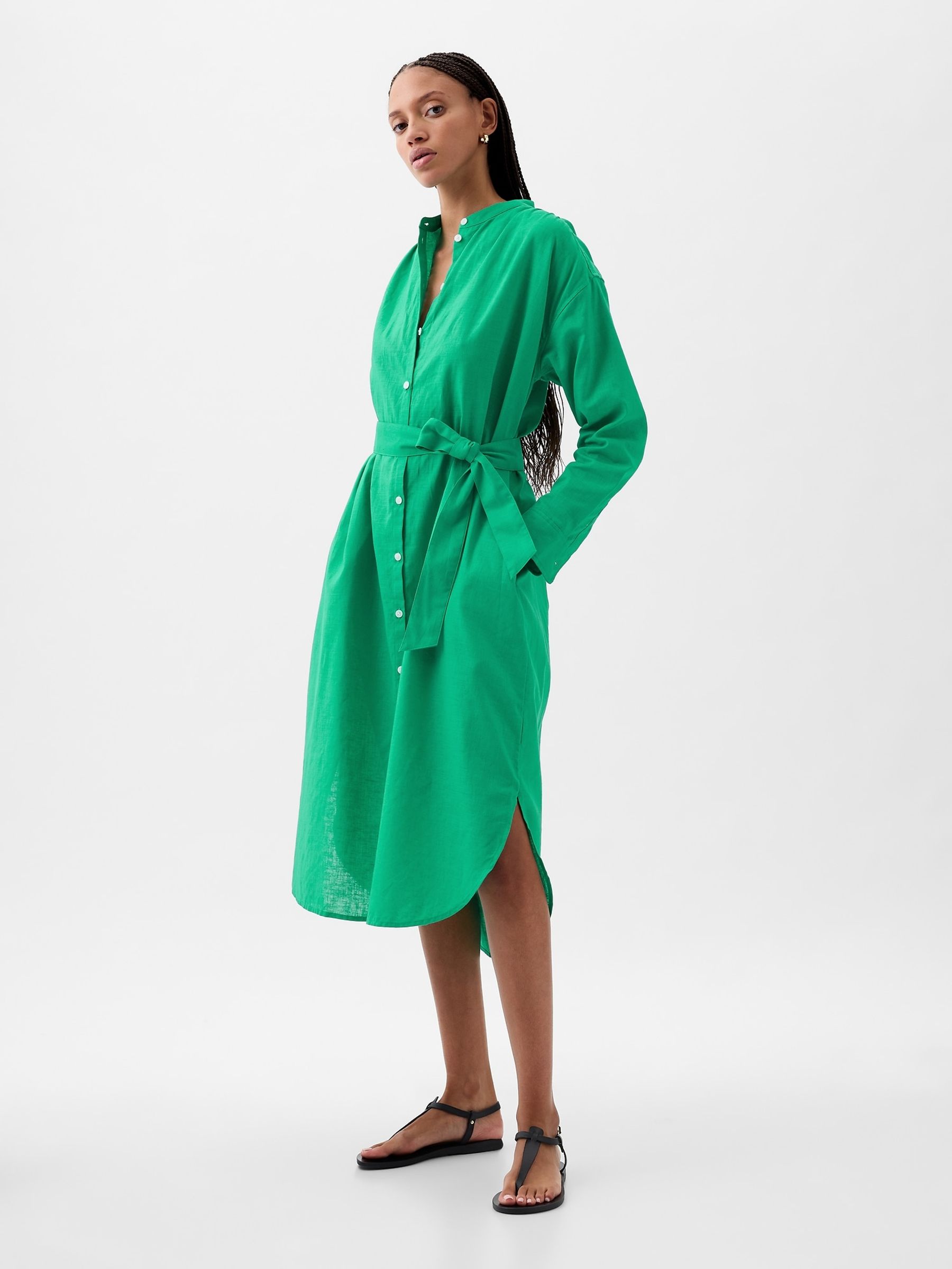 Green Linen Blend Long Sleeve Shirt Dress - Image 3 of 4