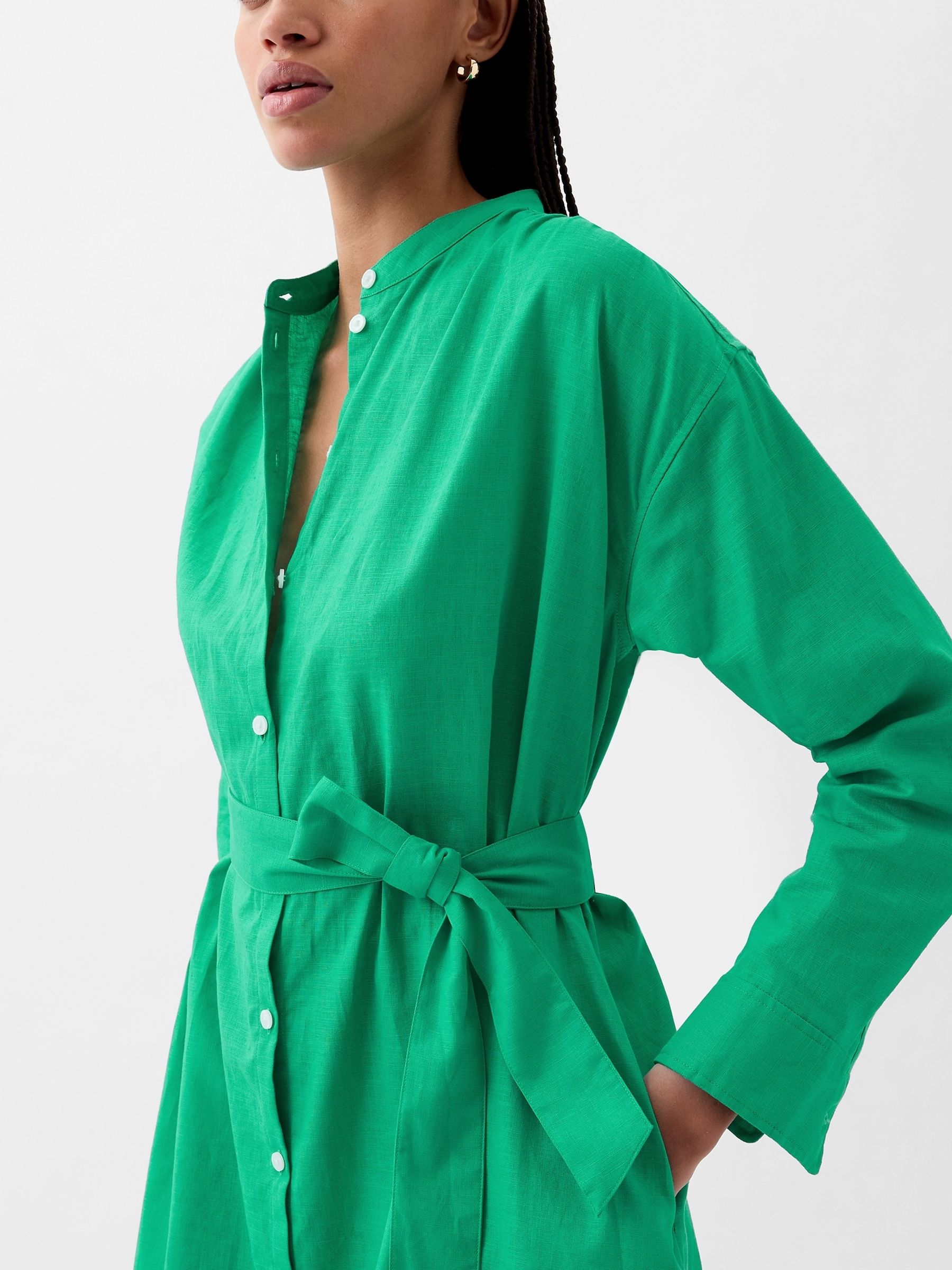Green Linen Blend Long Sleeve Shirt Dress - Image 4 of 4 Green Linen Blend Long Sleeve Shirt Dress - Image 4 of 4