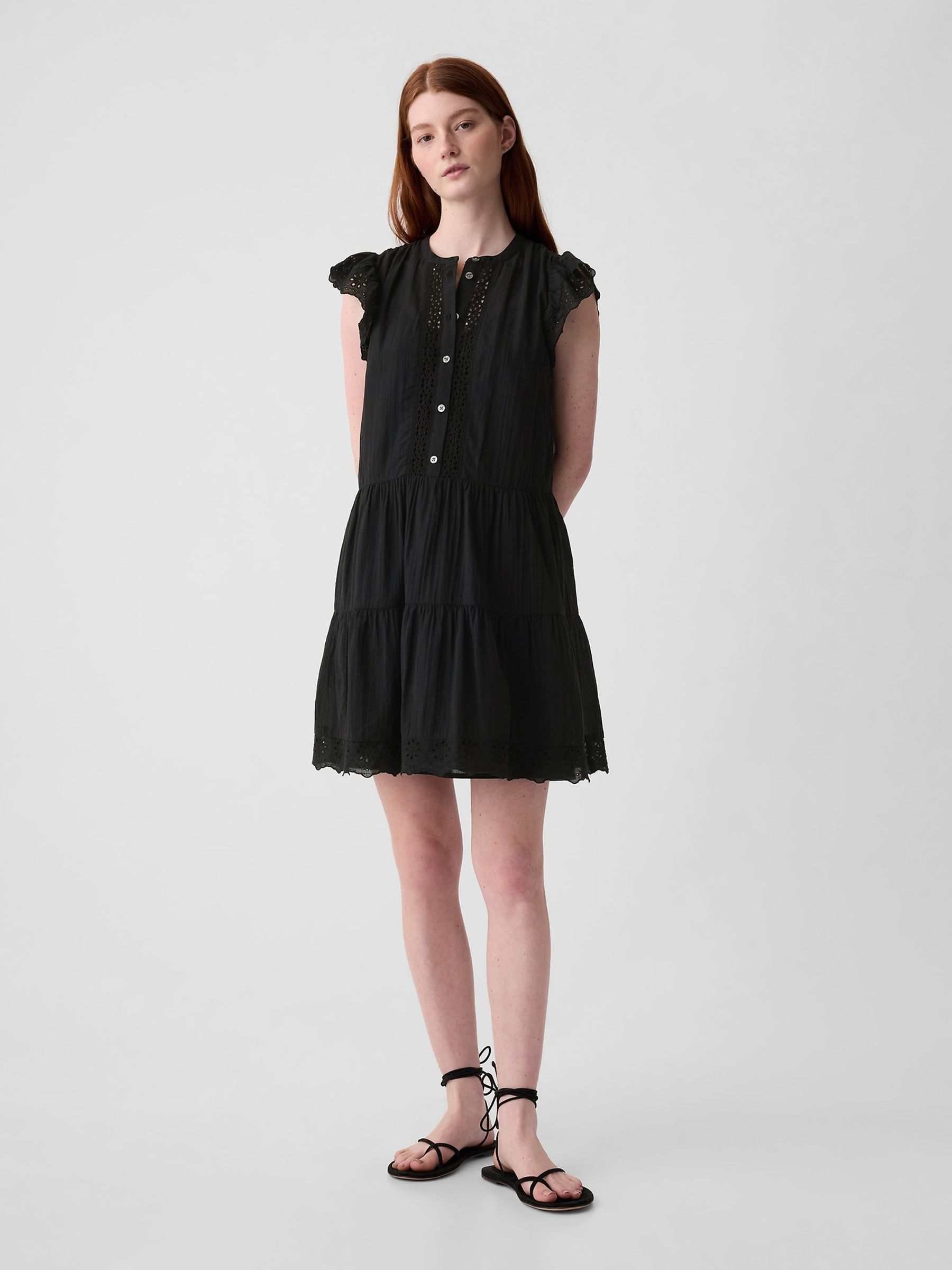 Black Crinkle Cotton Crochet Mini Dress - Image 1 of 1