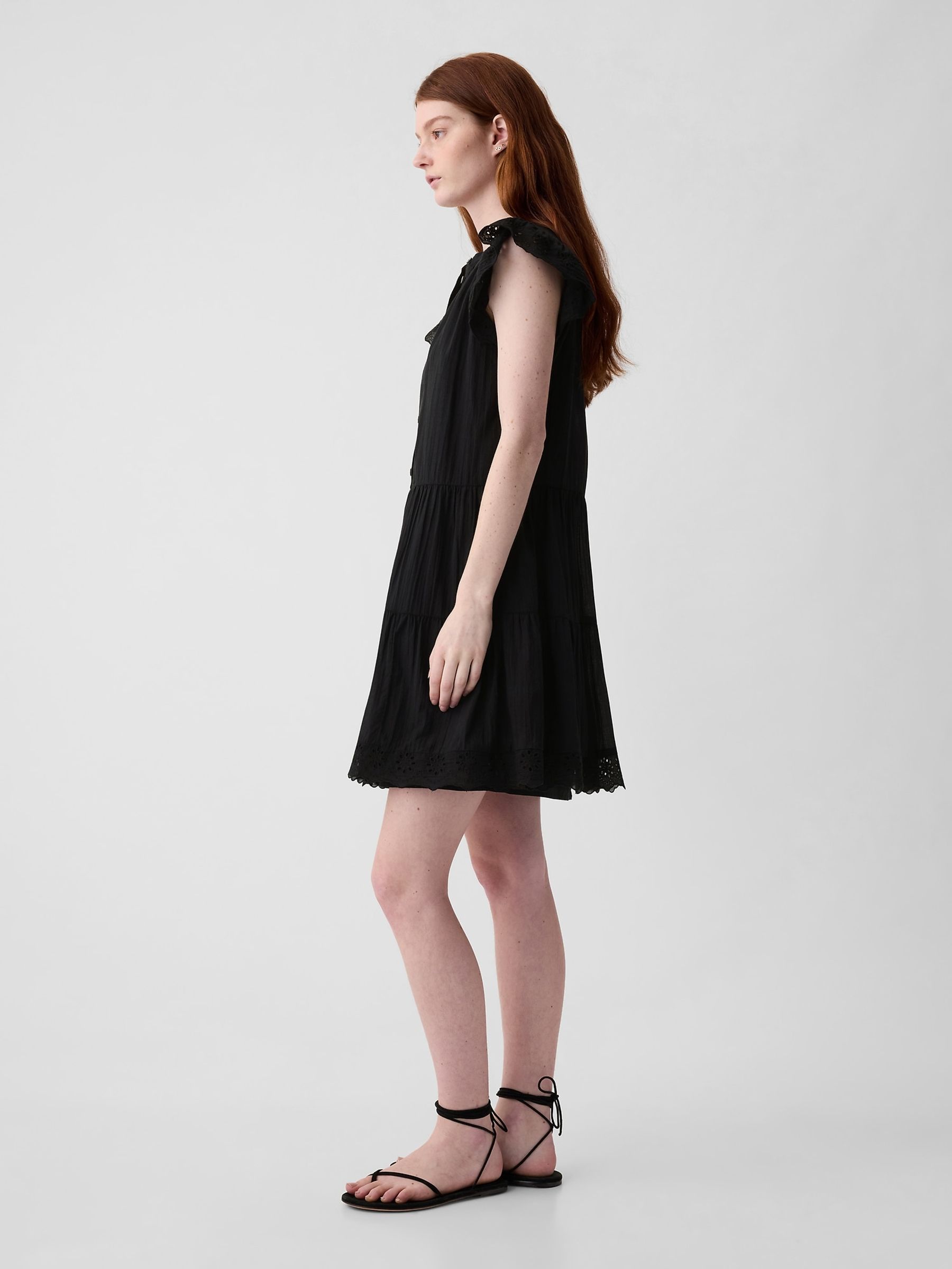 Black Crinkle Cotton Crochet Mini Dress - Image 3 of 3