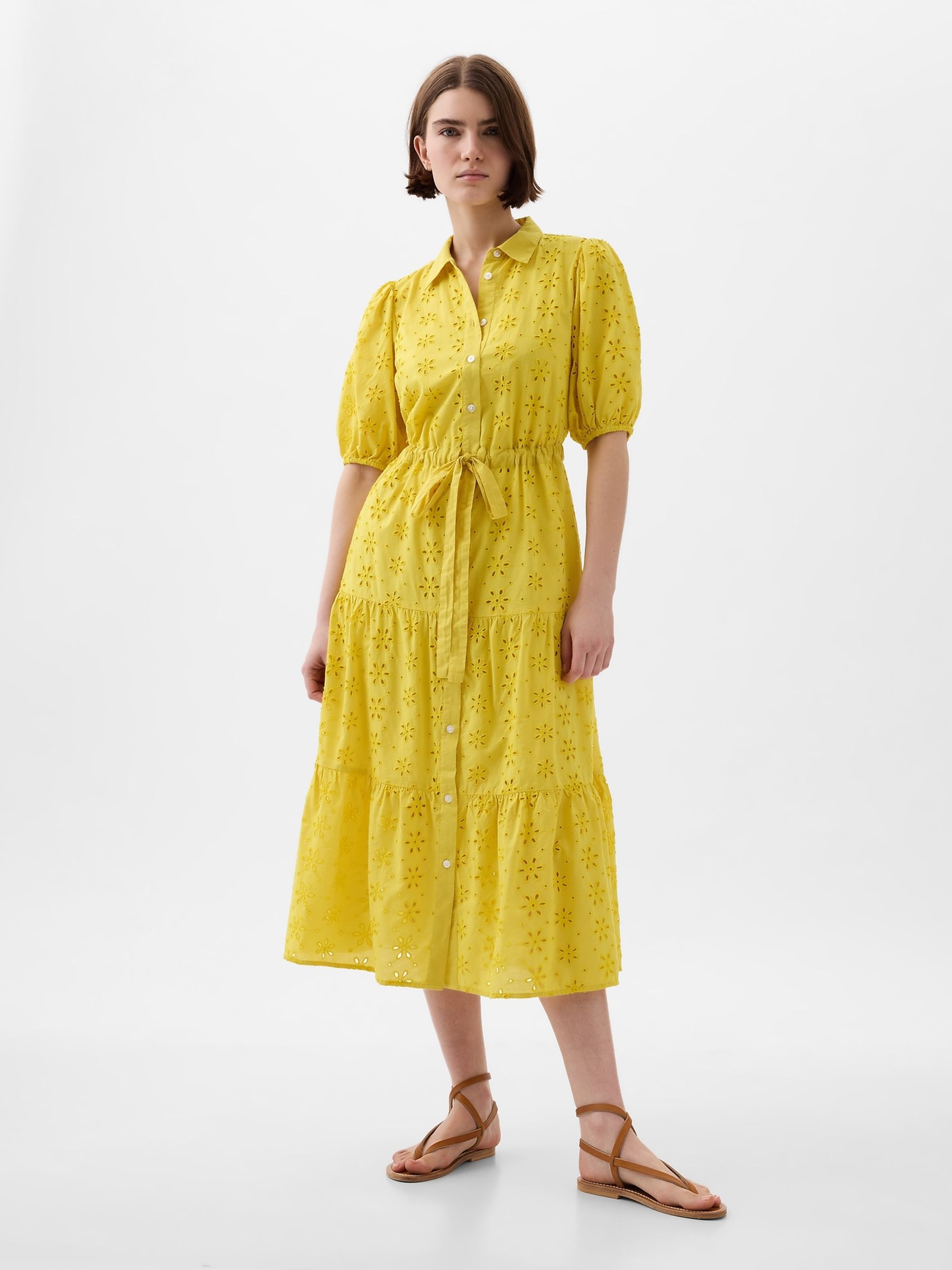Yellow Eyelet Tie Waist Tiered Midi Dress - Image 1 of 5