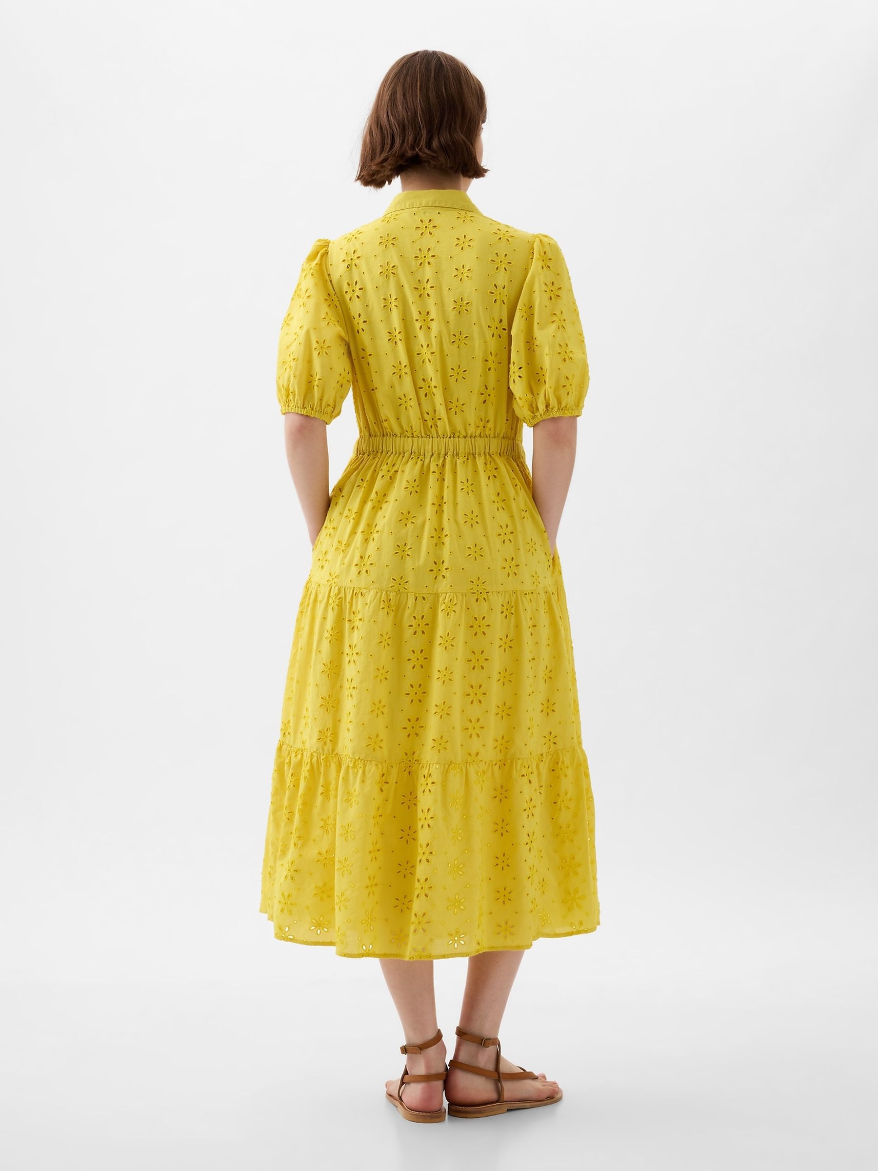 Yellow Eyelet Tie Waist Tiered Midi Dress - Image 2 of 5