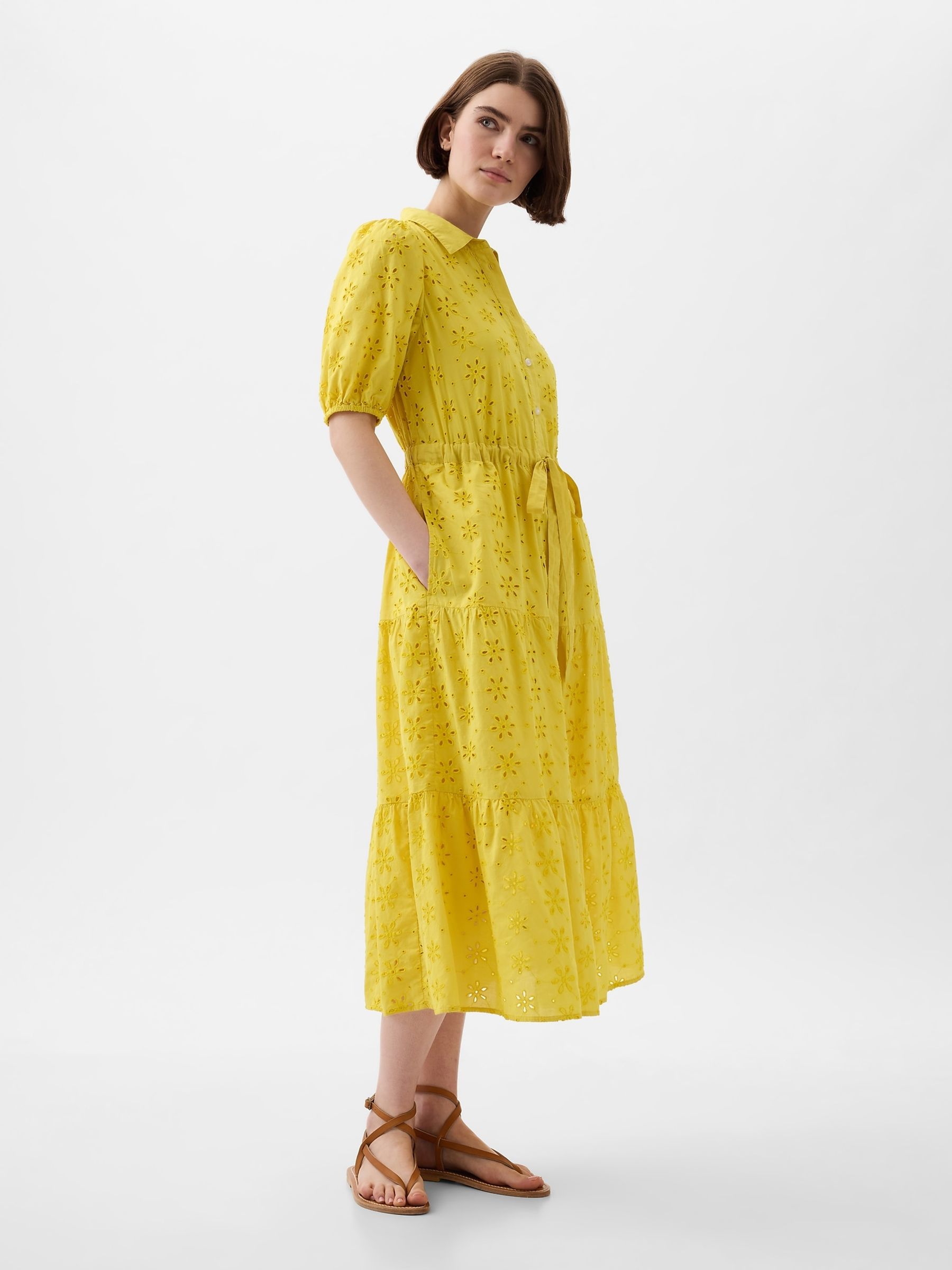 Yellow Eyelet Tie Waist Tiered Midi Dress - Image 3 of 5