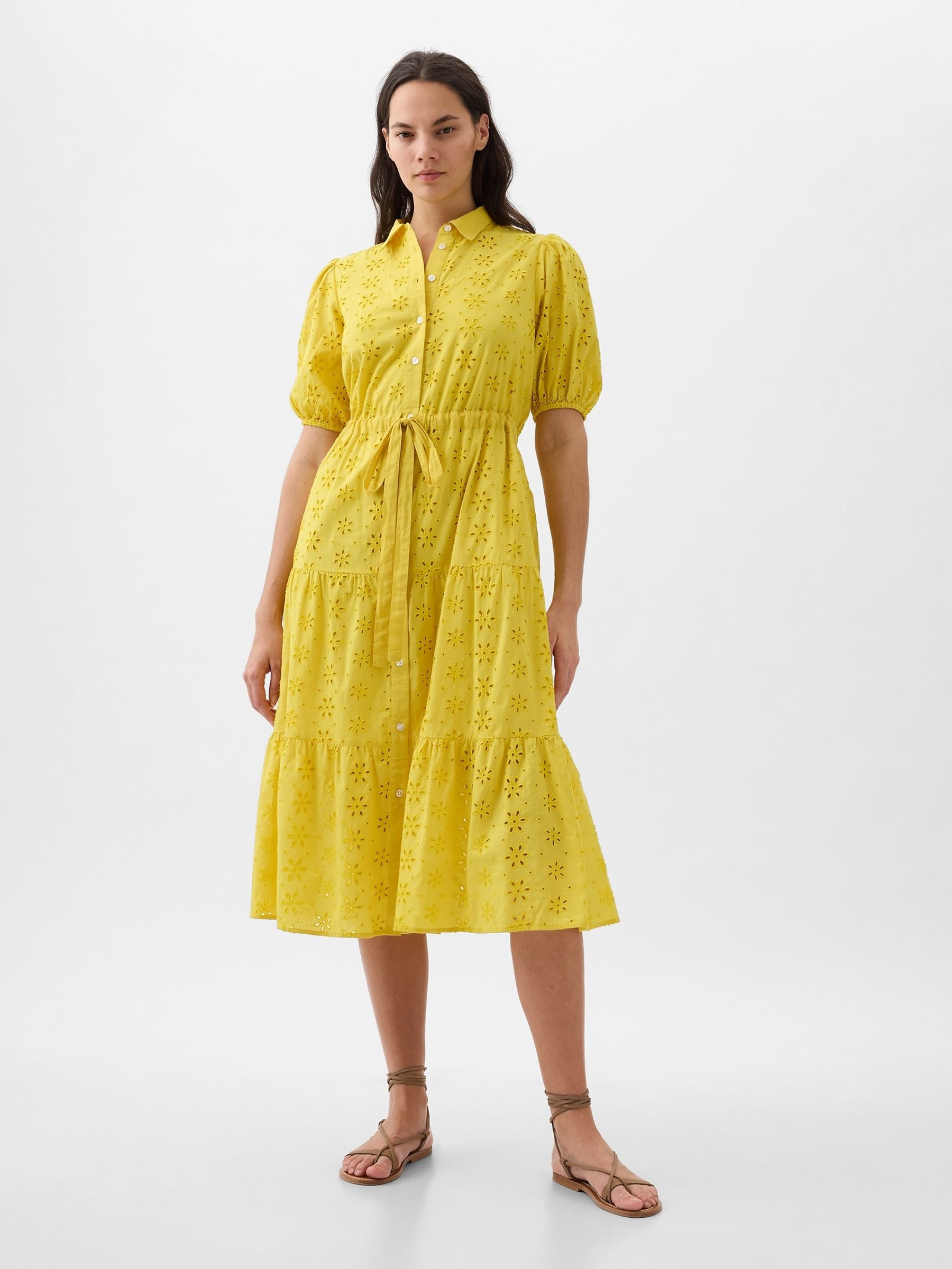 Yellow Eyelet Tie Waist Tiered Midi Dress - Image 4 of 5