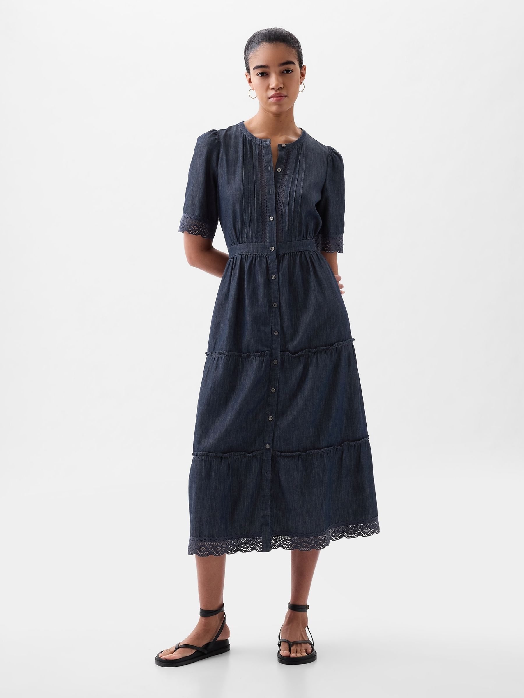 Blue Lace Denim Buttoned Midi Dress - Image 1 of 4