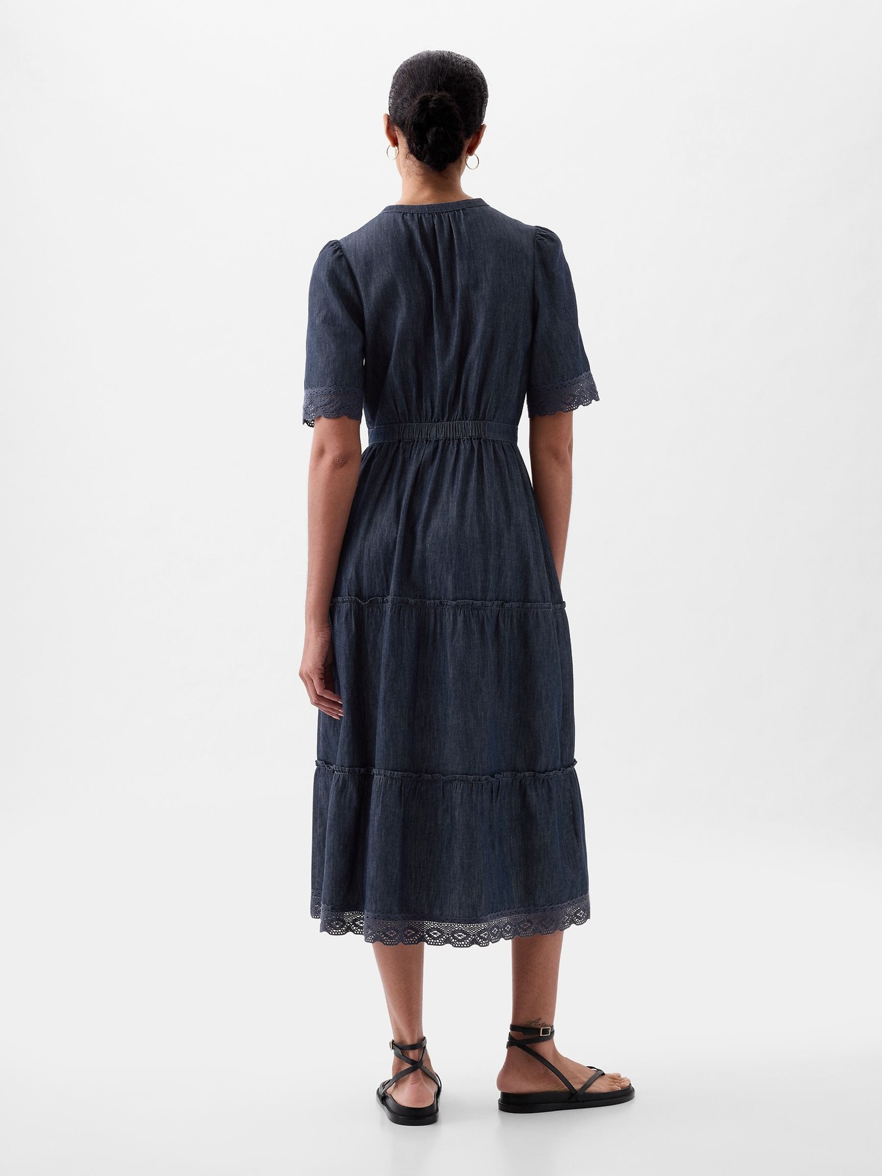 Blue Lace Denim Buttoned Midi Dress - Image 2 of 4