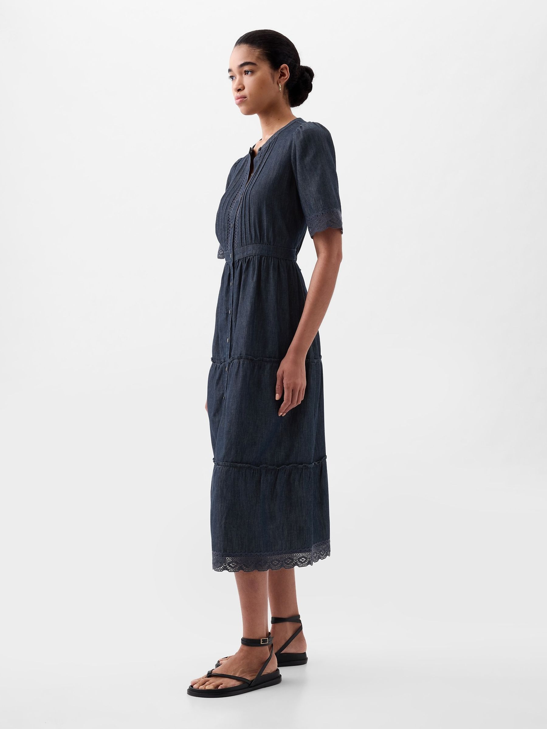 Blue Lace Denim Buttoned Midi Dress - Image 3 of 4