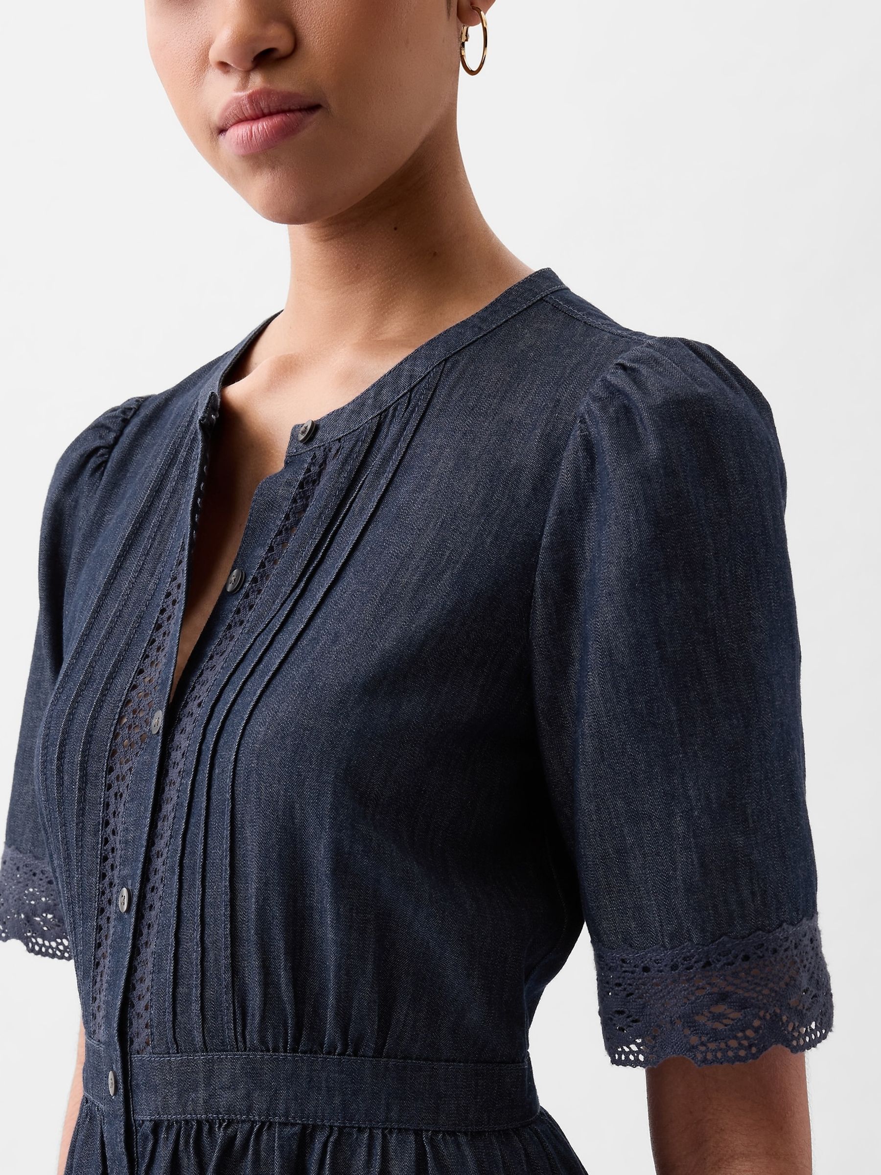 Blue Lace Denim Buttoned Midi Dress - Image 4 of 4