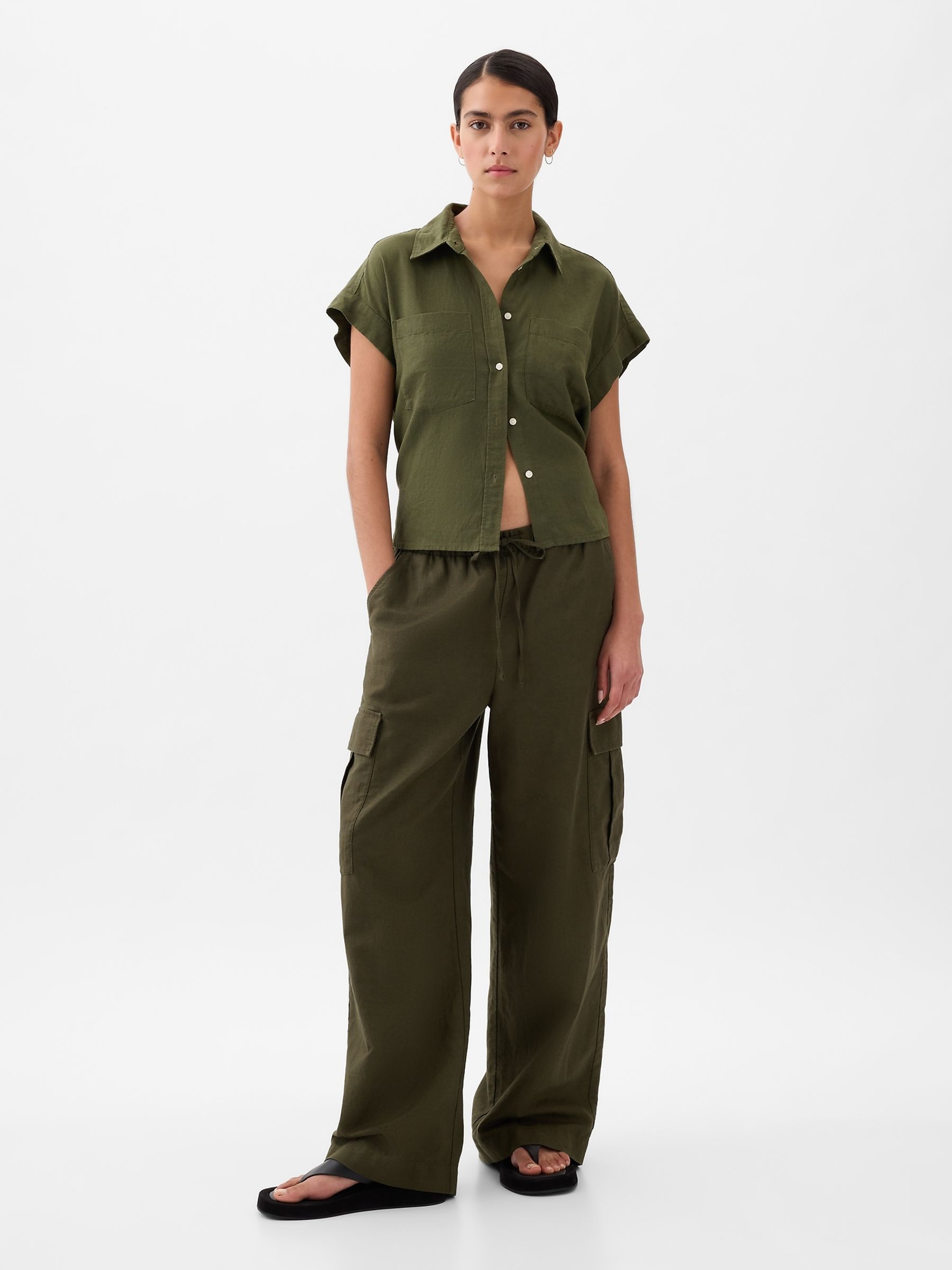 Olive Green Linen Cotton Blend Mid Rise Cargo Trousers - Image 4 of 6
