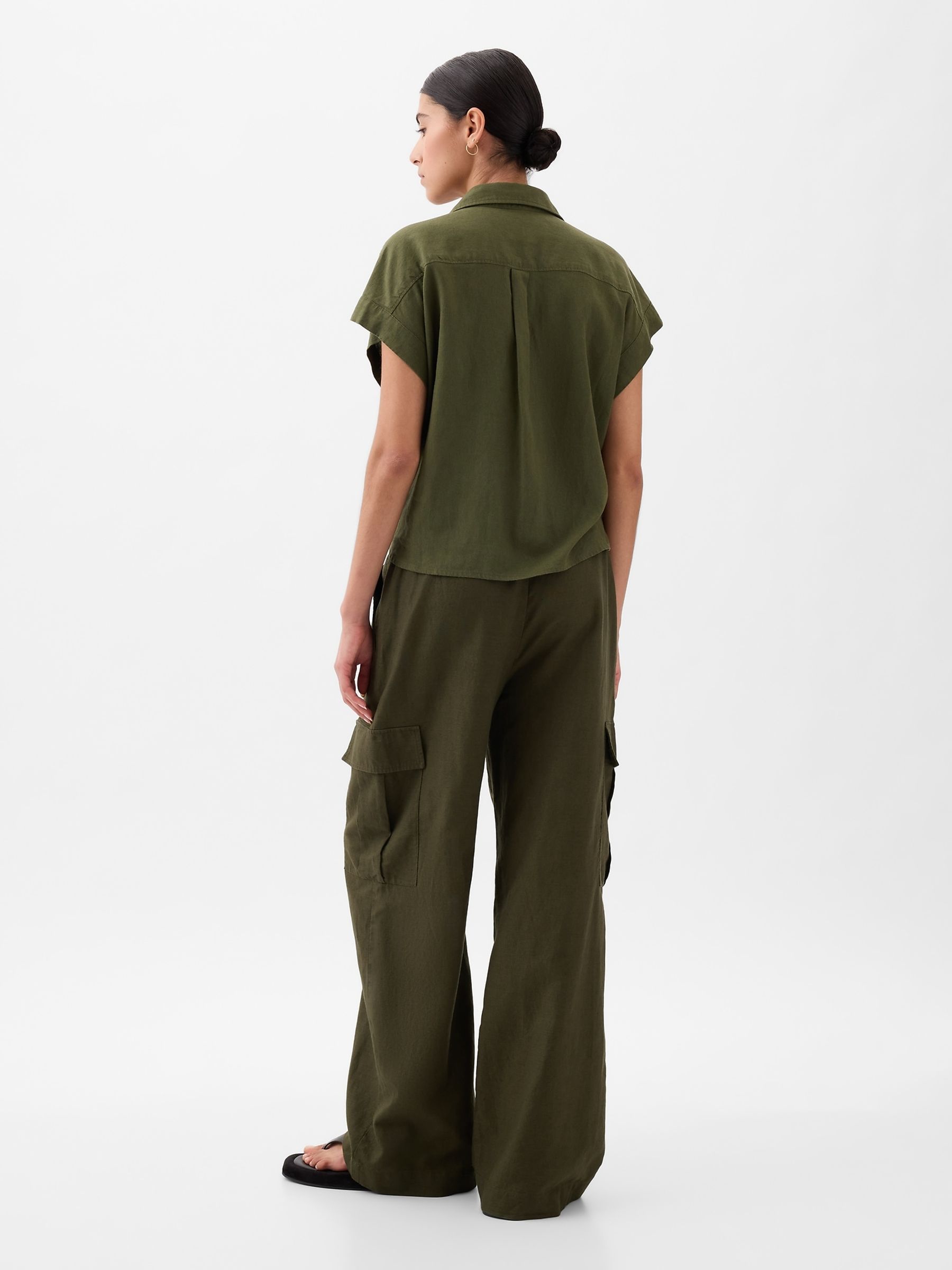Olive Green Linen Cotton Blend Mid Rise Cargo Trousers - Image 5 of 6