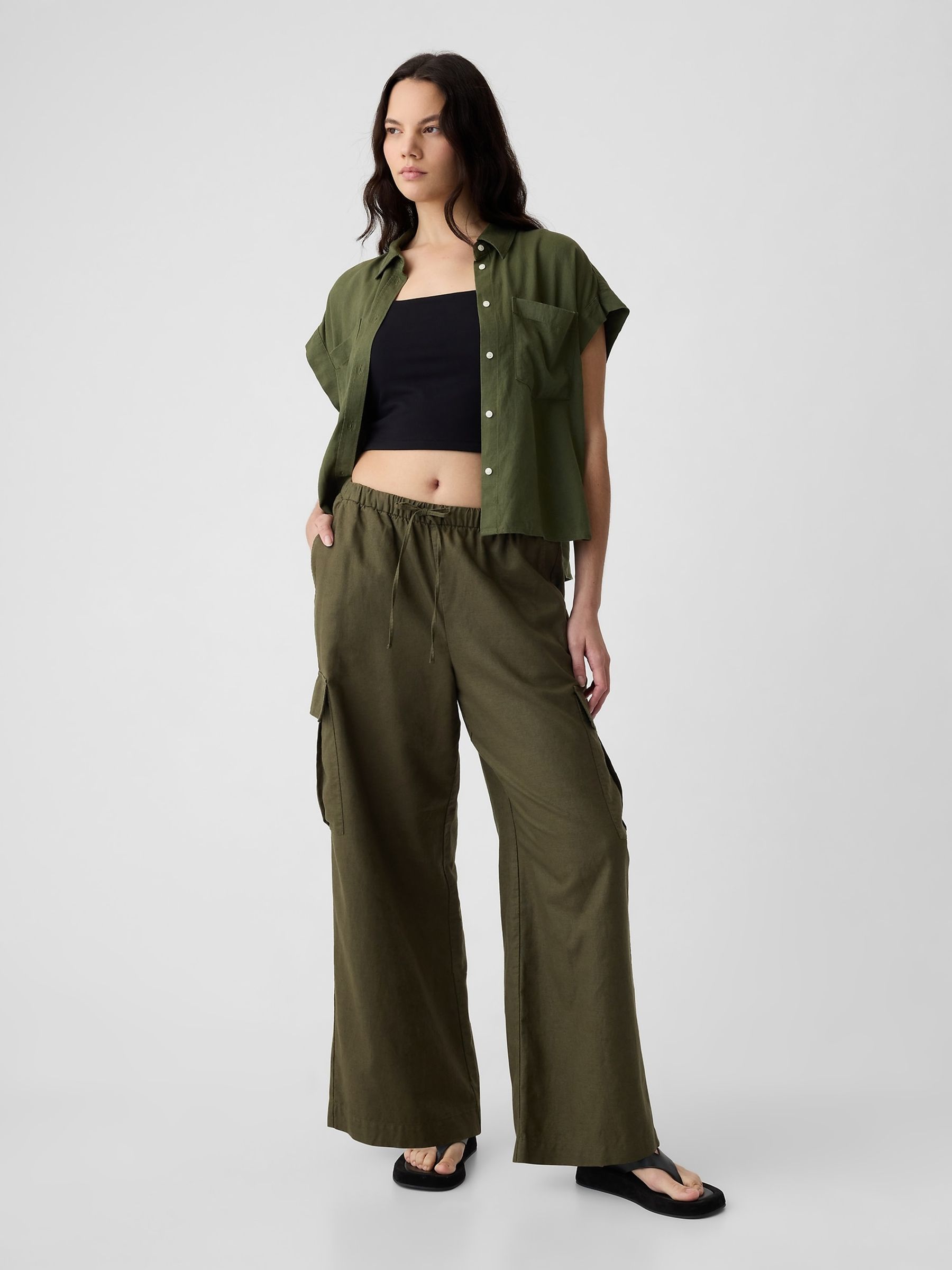 Olive Green Linen Cotton Blend Mid Rise Cargo Trousers - Image 6 of 6