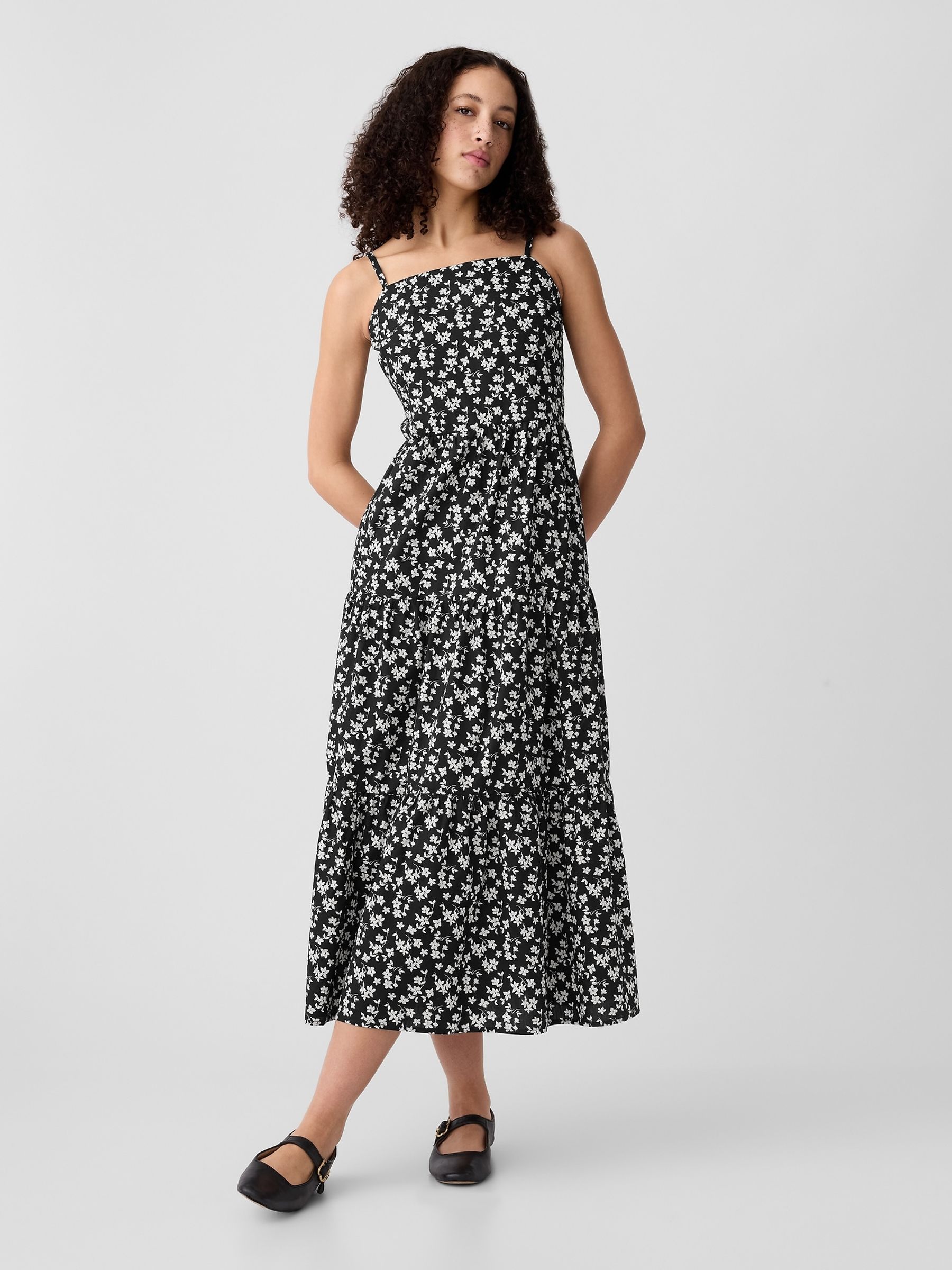 Black Floral Floral Cotton Tiered Strappy Midi Dress - Image 1 of 1
