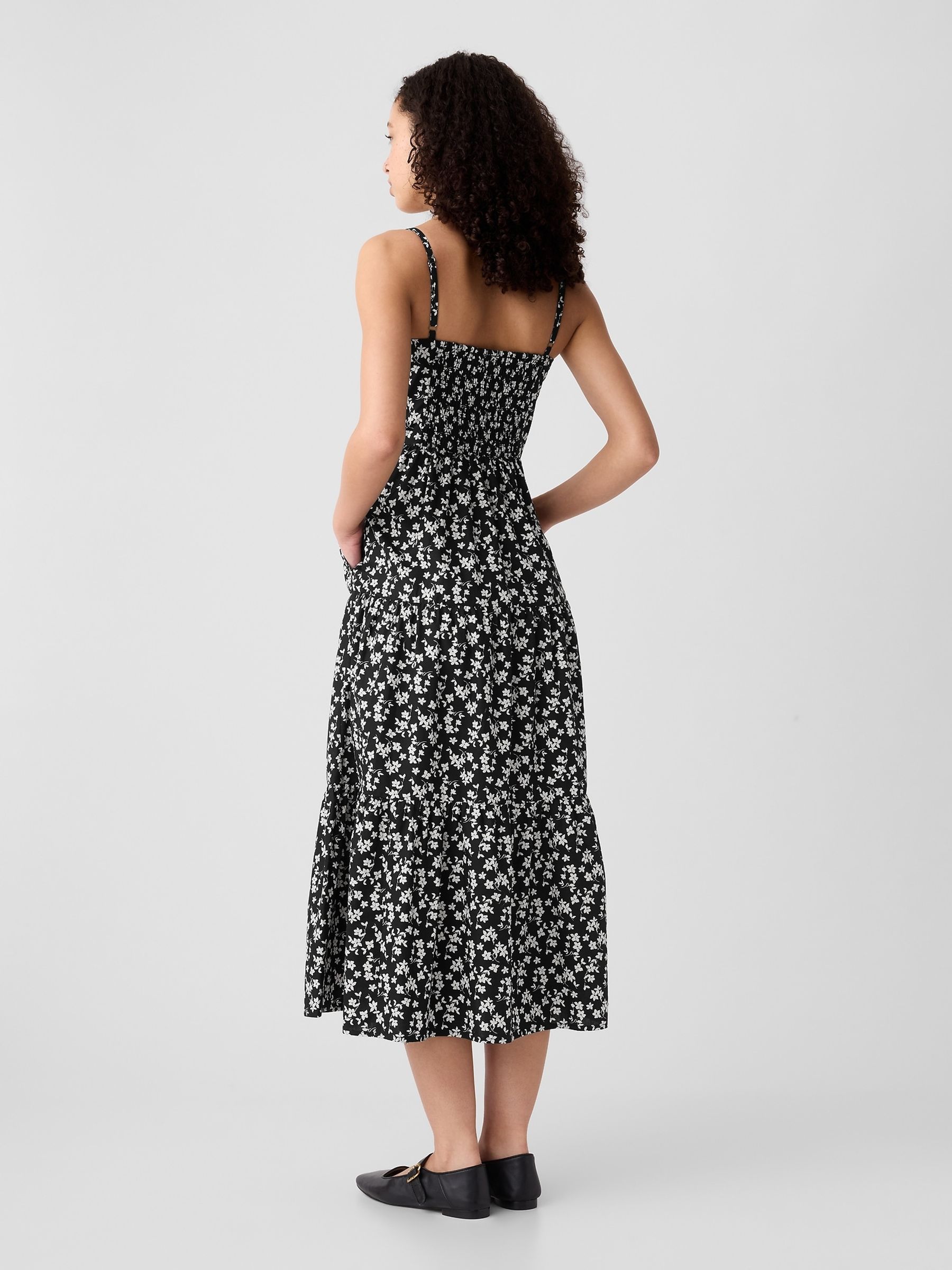 Black Floral Floral Cotton Tiered Strappy Midi Dress - Image 2 of 2