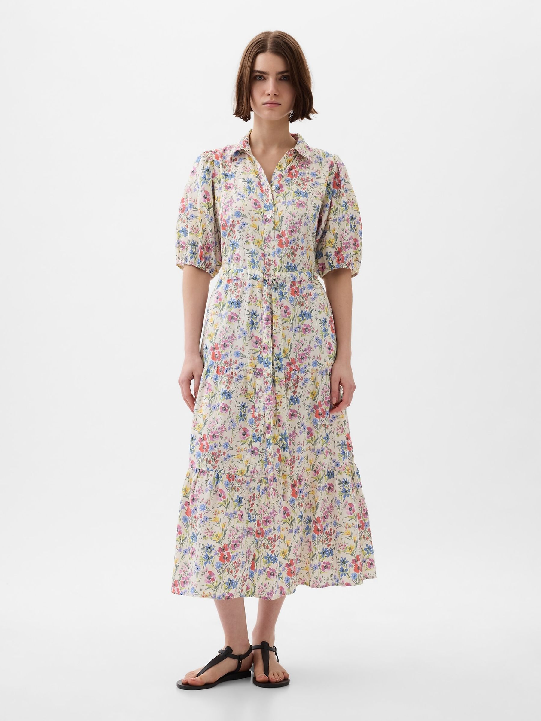 White Floral Floral Puff Sleeve Midi Dress - Image 1 of 5