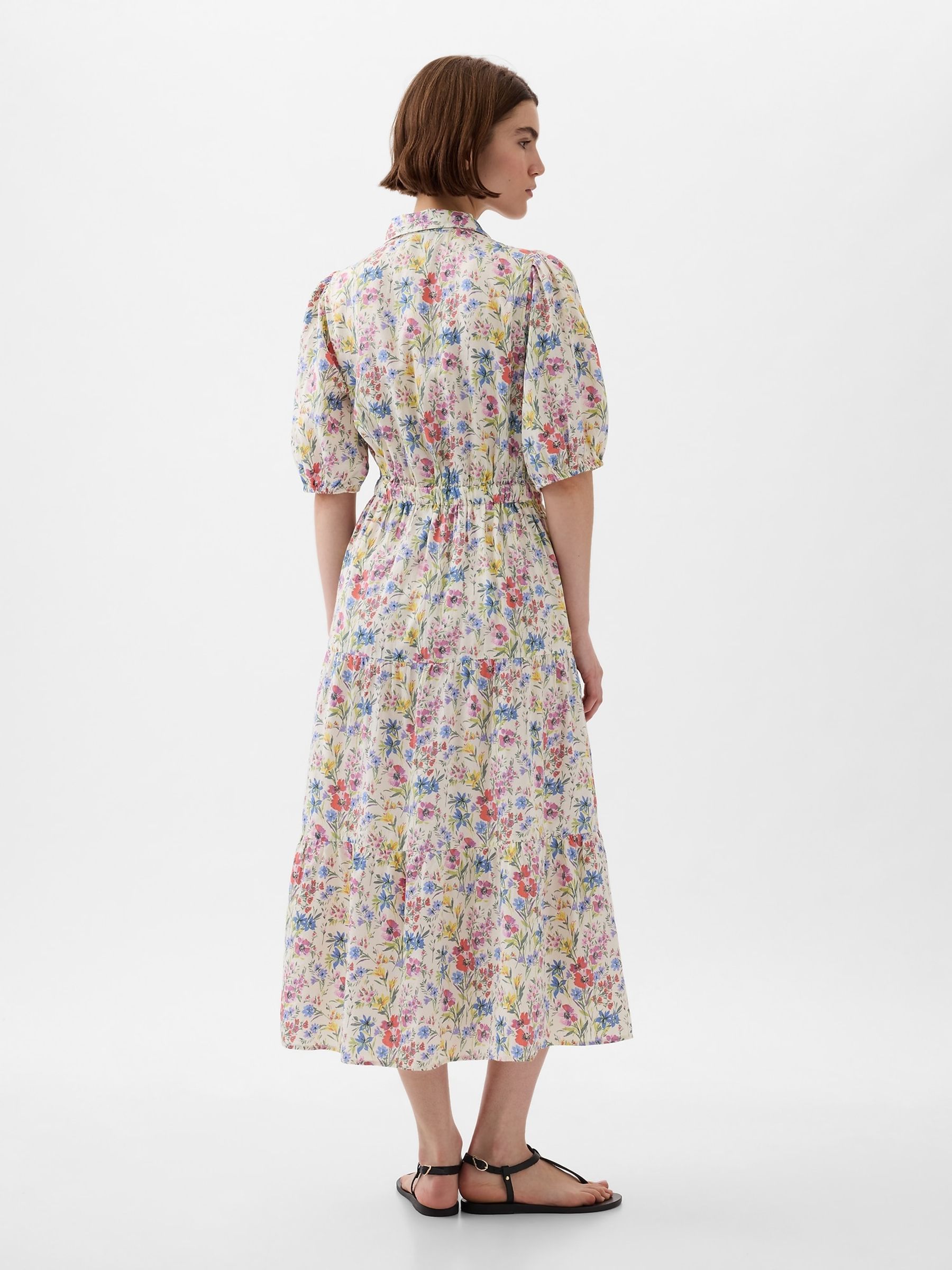 White Floral Floral Puff Sleeve Midi Dress - Image 2 of 5