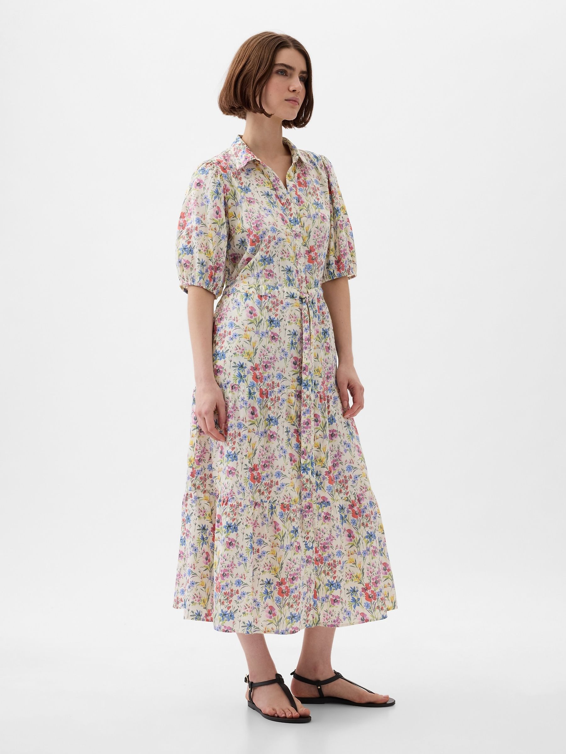 White Floral Floral Puff Sleeve Midi Dress - Image 3 of 5