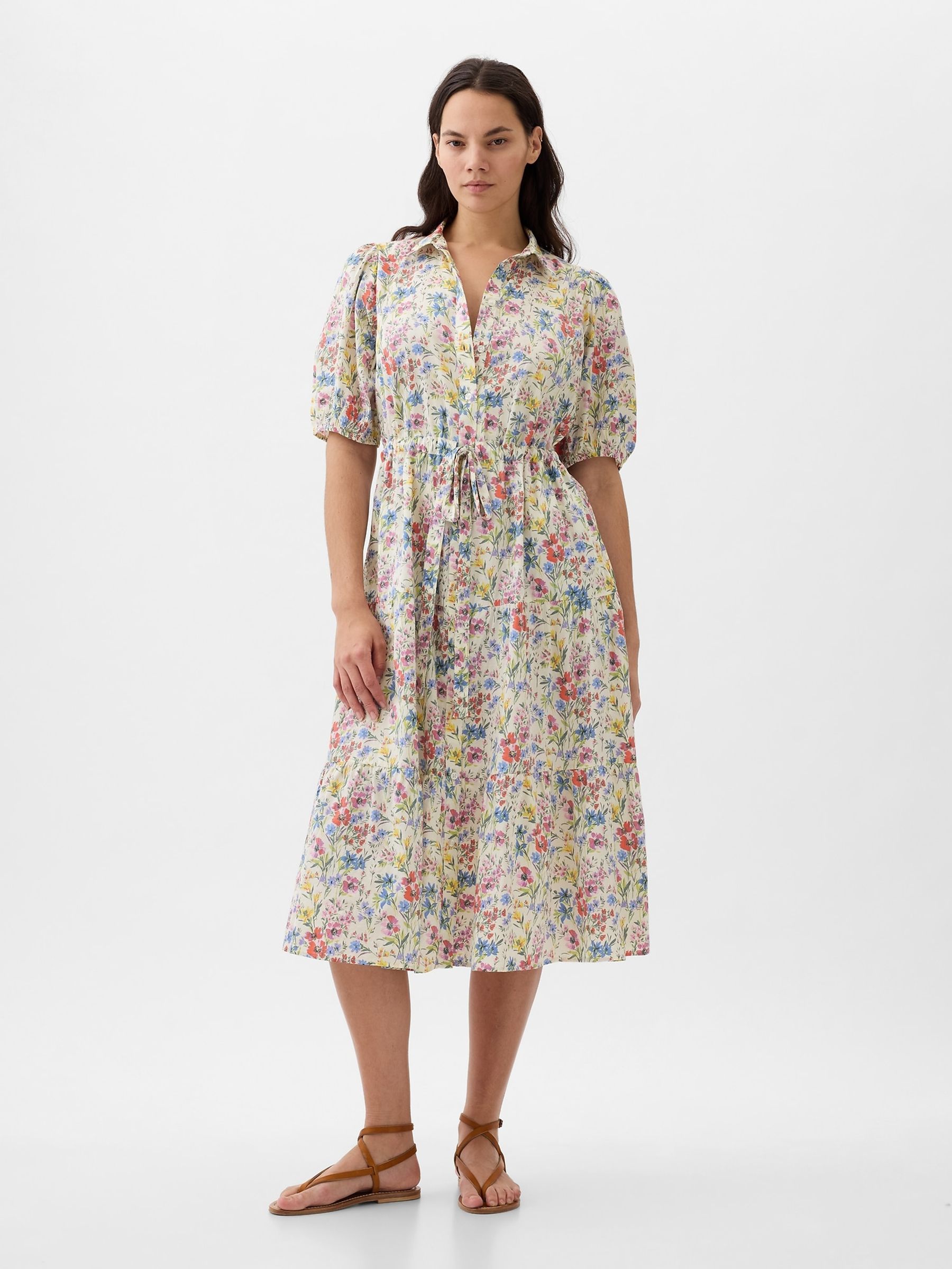 White Floral Floral Puff Sleeve Midi Dress - Image 4 of 5