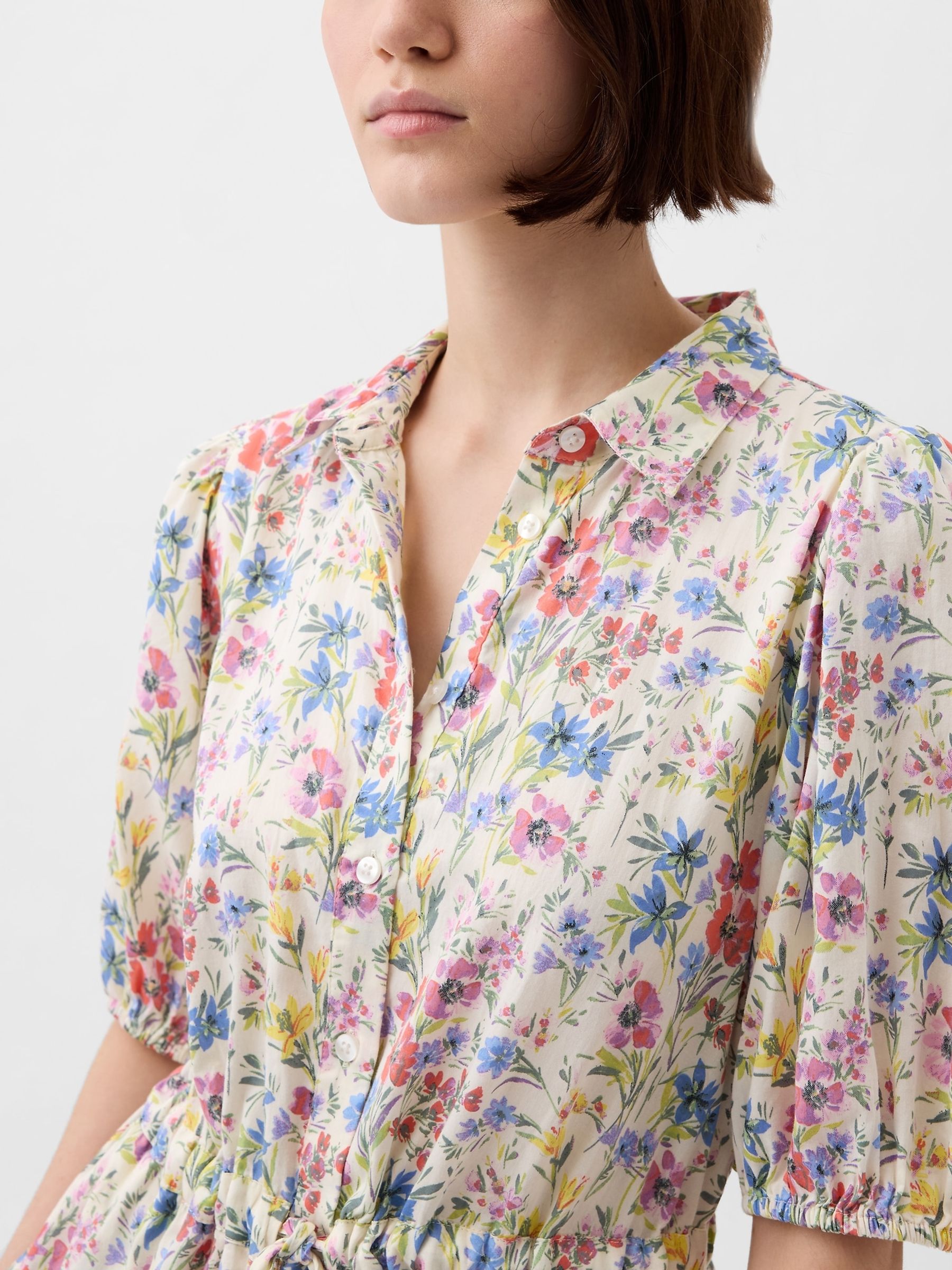 White Floral Floral Puff Sleeve Midi Dress - Image 5 of 5
