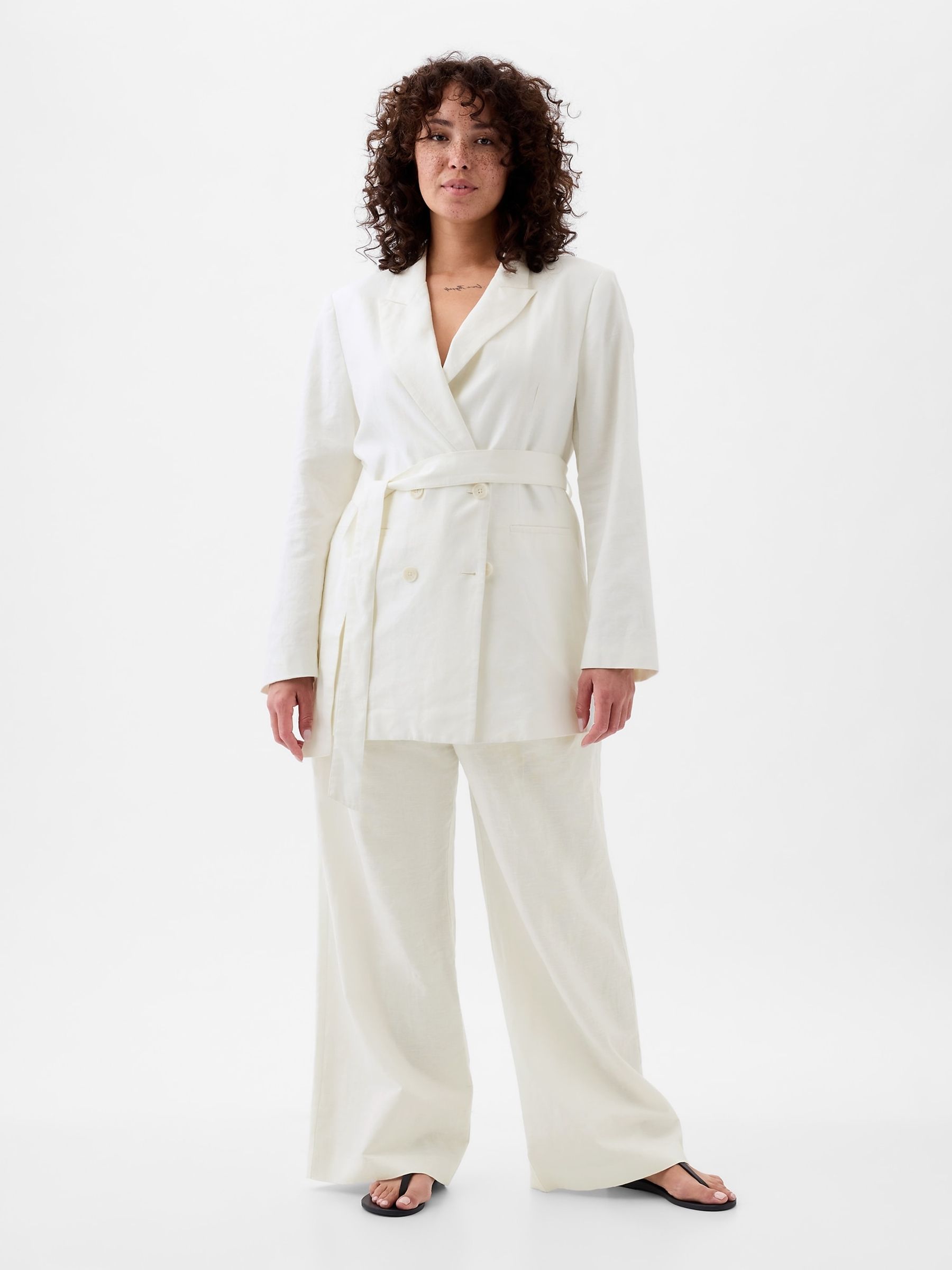White High Waisted Linen Cotton Trousers - Image 3 of 5