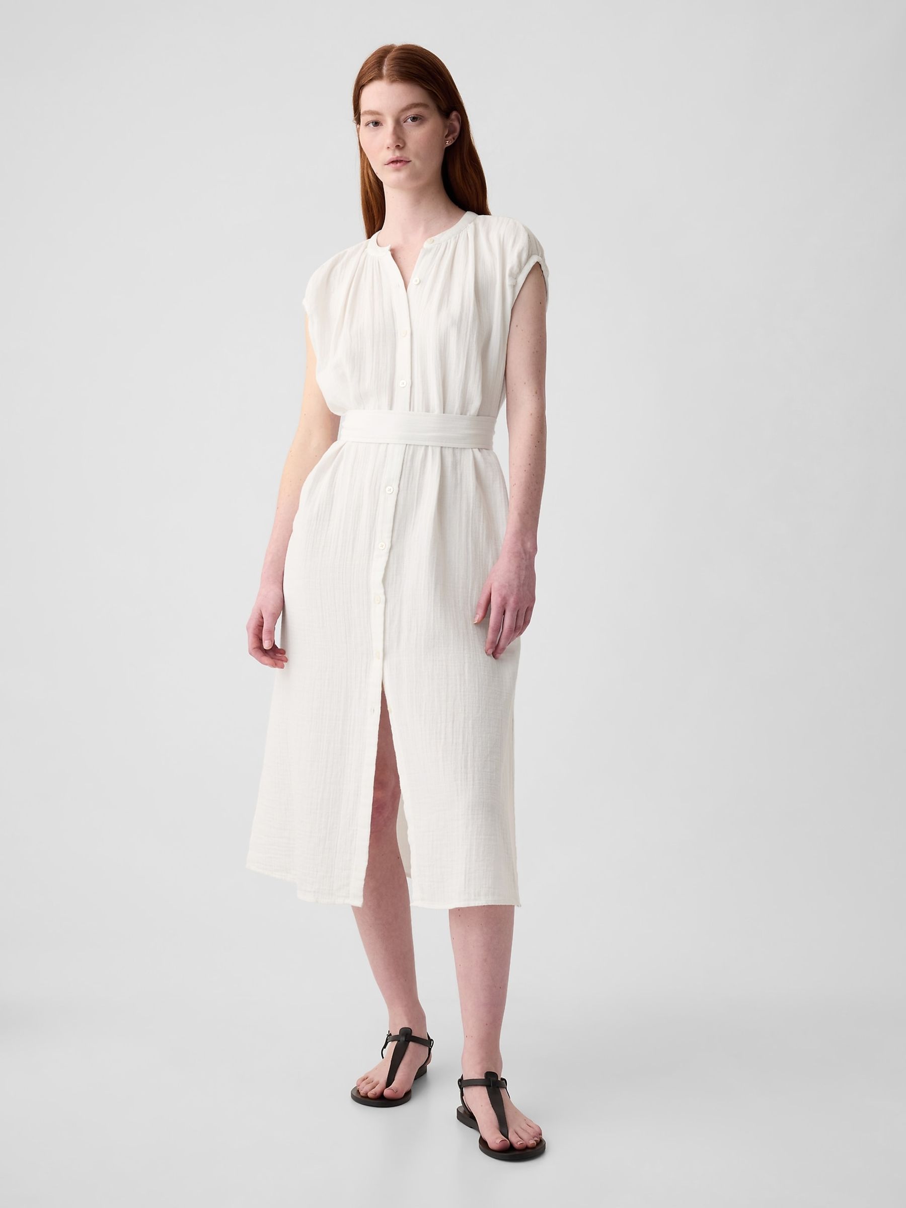 White Crinkle Cotton Belted Midi Shirt Dress - Image 1 of 3