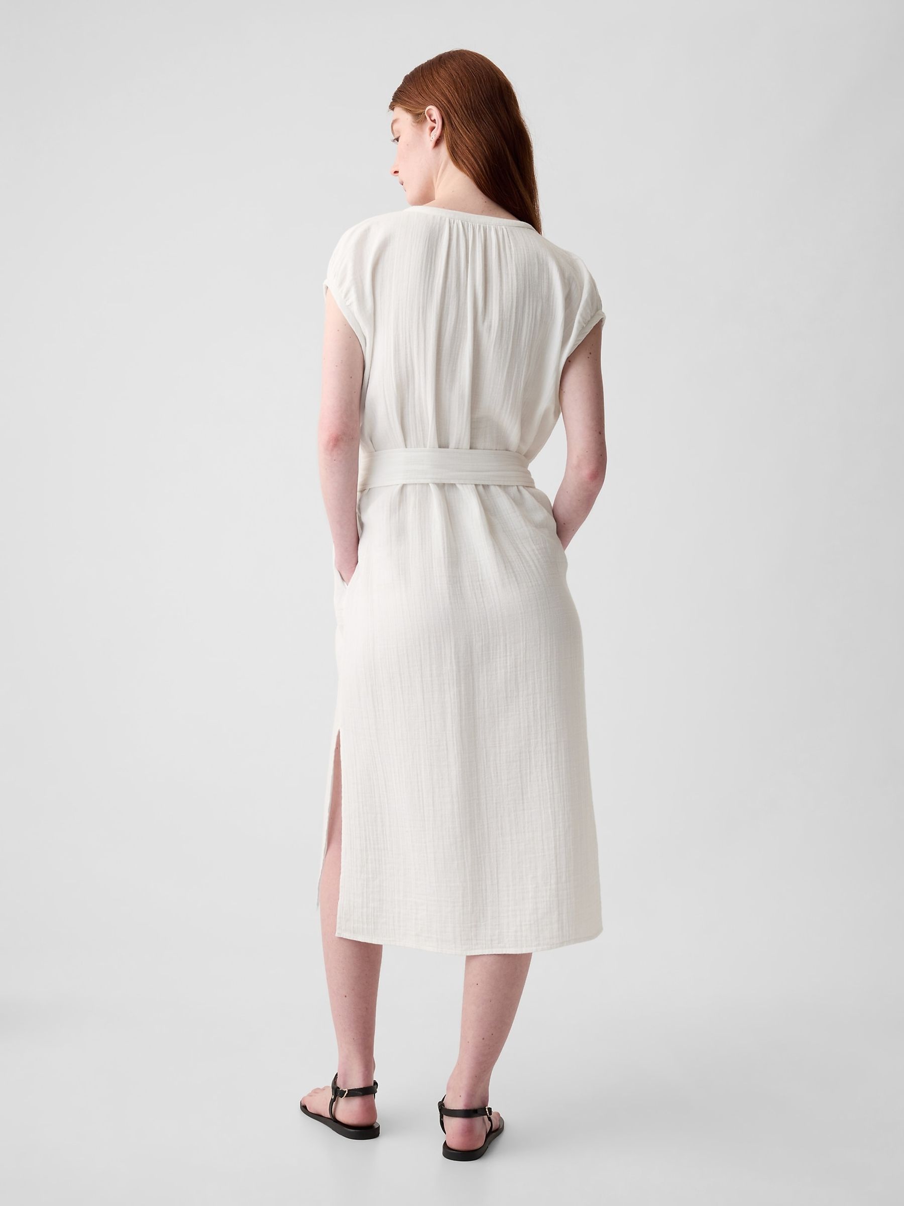 White Crinkle Cotton Belted Midi Shirt Dress - Image 2 of 3