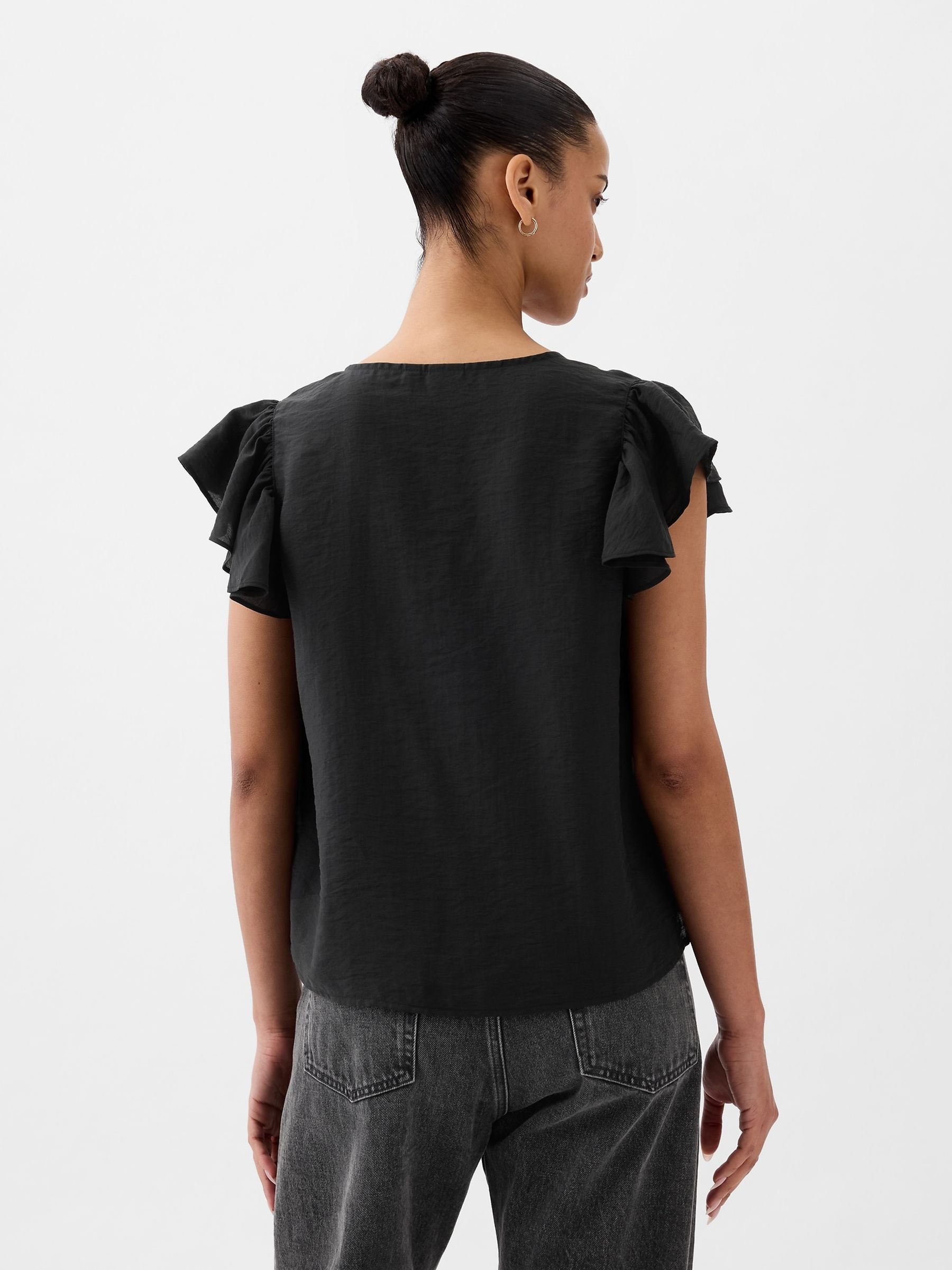 Black V Neck Flutter Sleeve Blouse - Image 2 of 4