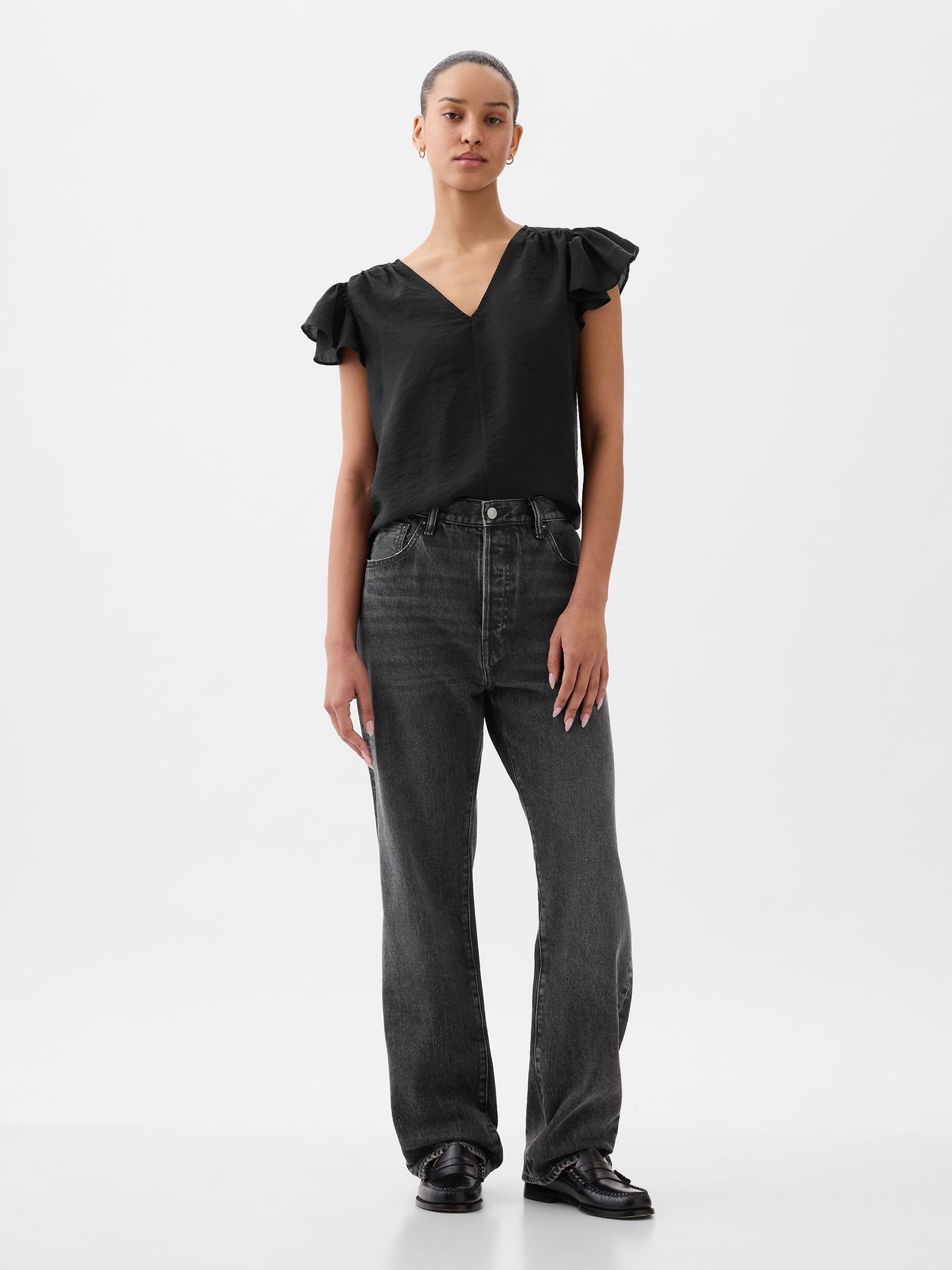 Black V Neck Flutter Sleeve Blouse - Image 3 of 4