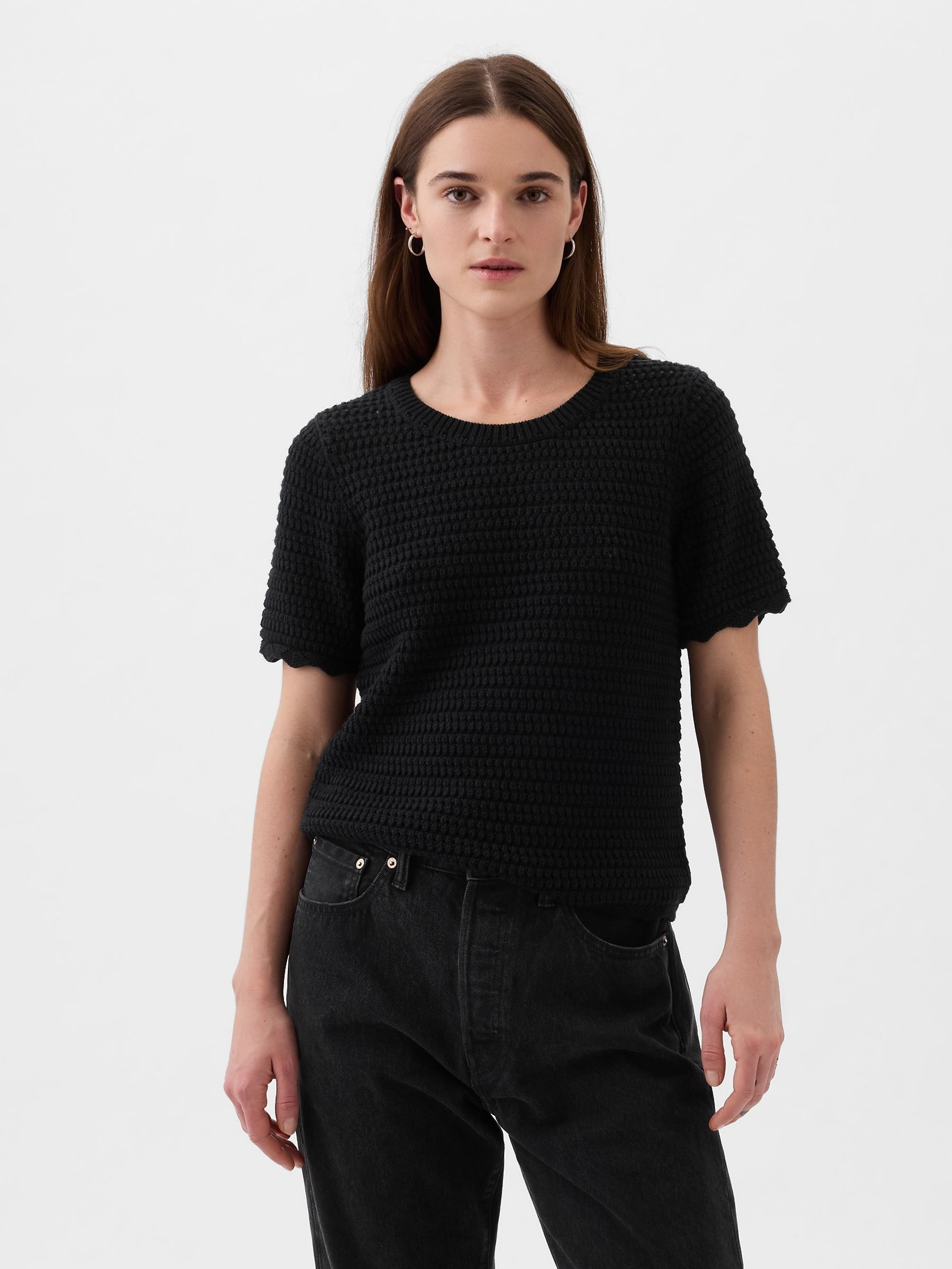 Black Crochet Crew Neck Short Sleeve Knit Jumper - Image 1 of 5