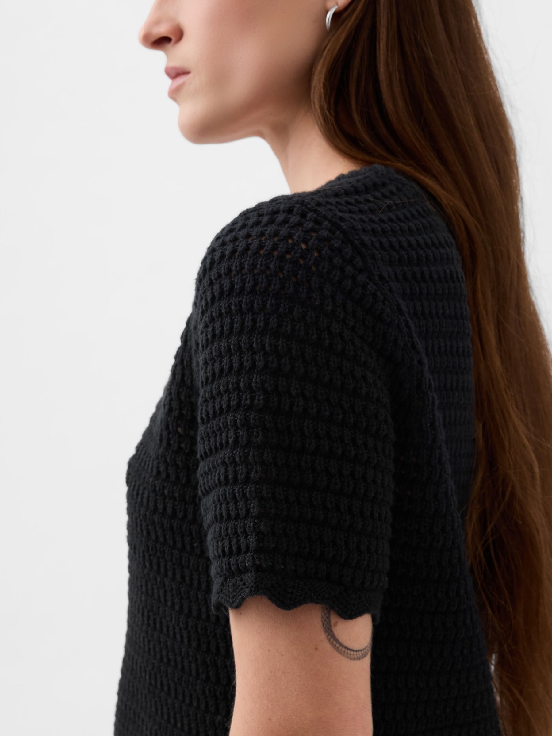 Black Crochet Crew Neck Short Sleeve Knit Jumper - Image 4 of 5