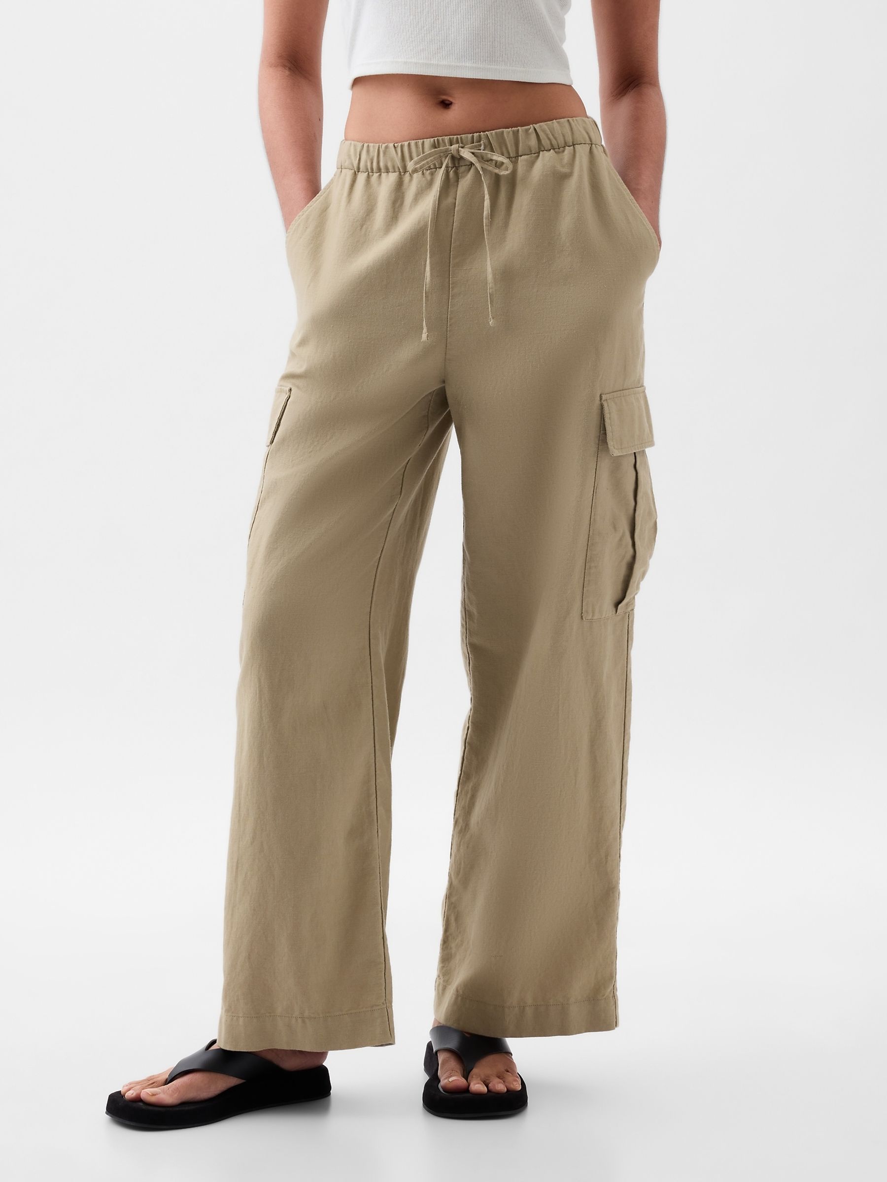 Beige Linen Cotton Blend Mid Rise Cargo Trousers - Image 1 of 6