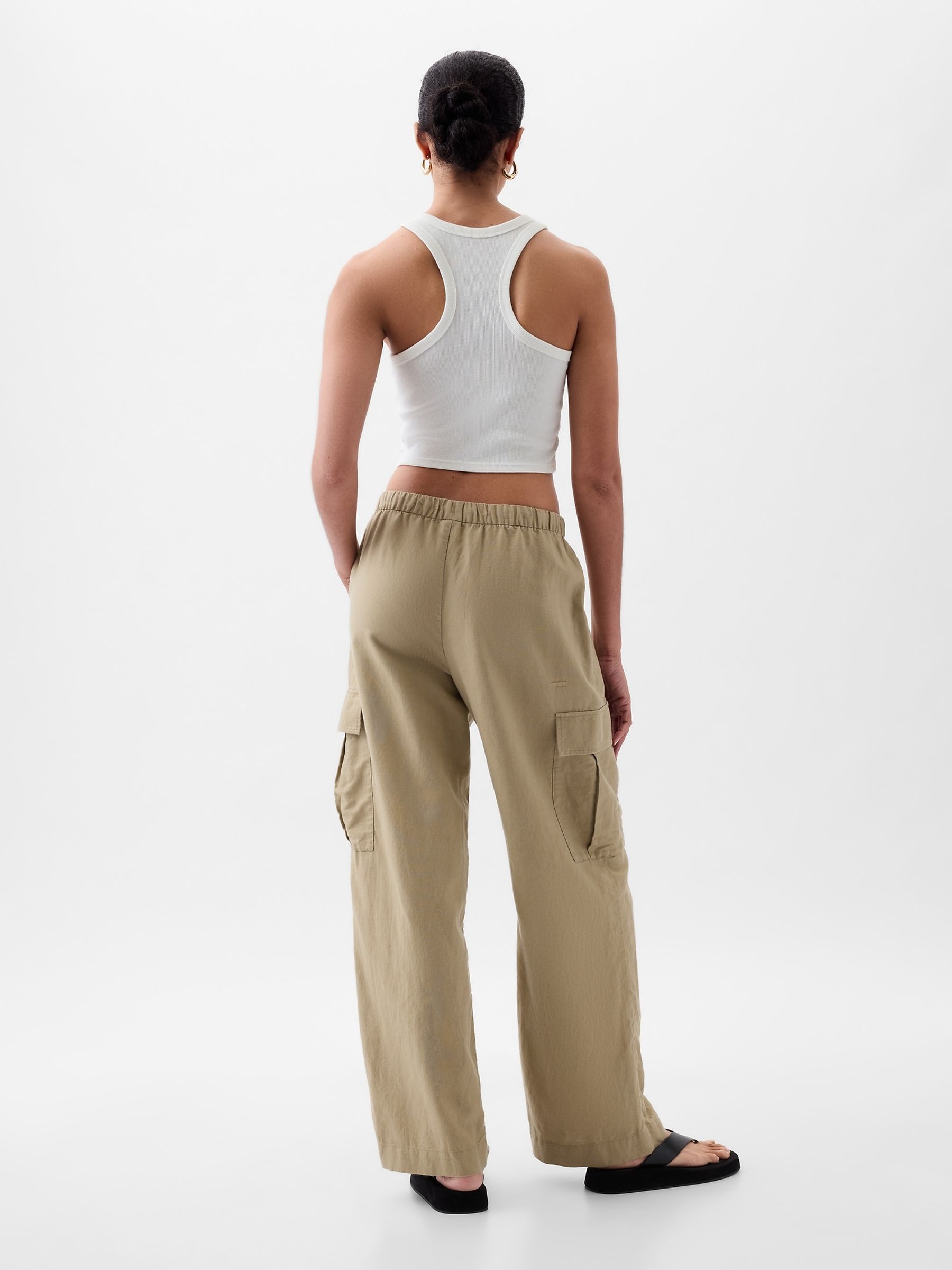 Beige Linen Cotton Blend Mid Rise Cargo Trousers - Image 3 of 6