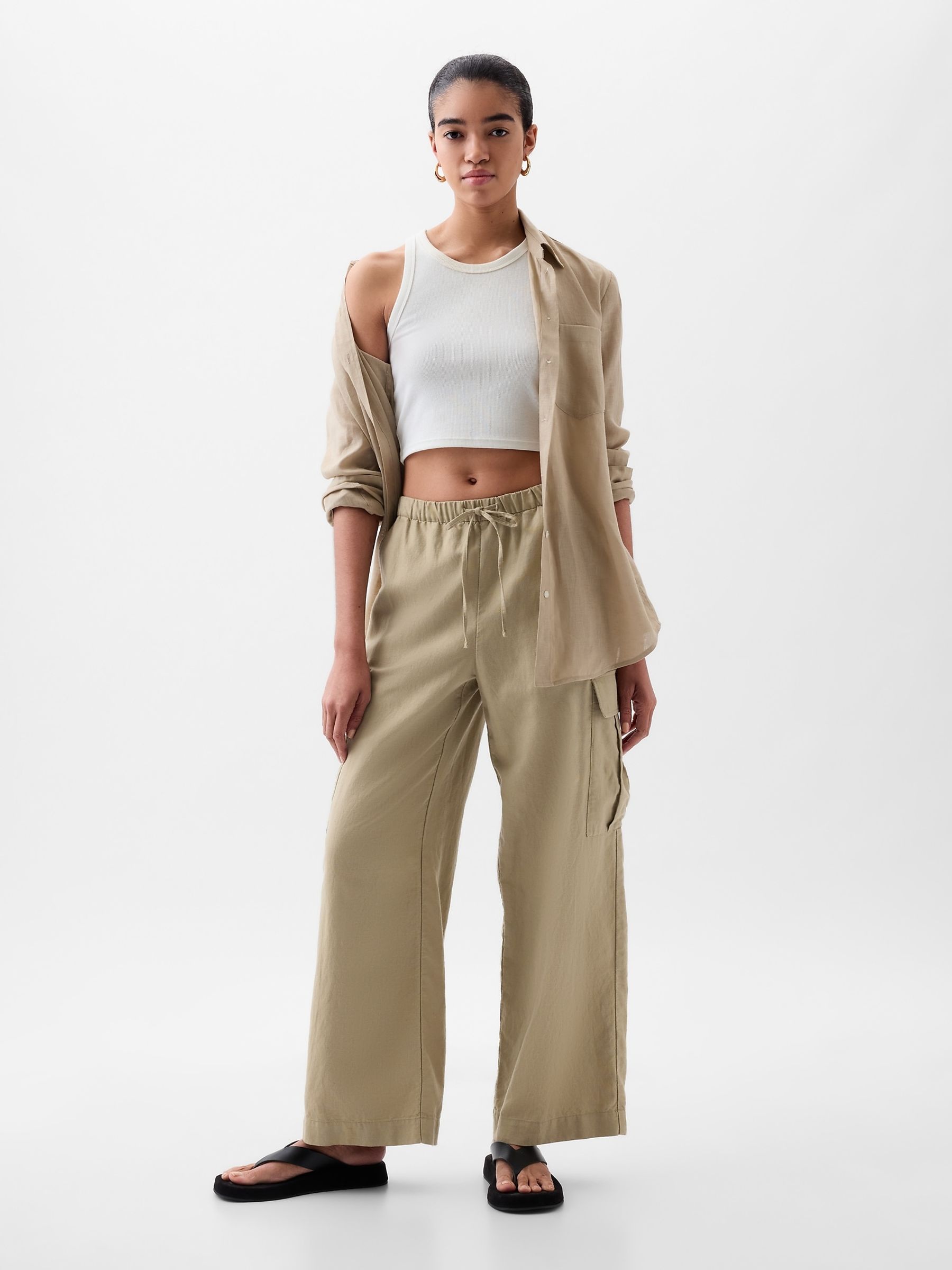 Beige Linen Cotton Blend Mid Rise Cargo Trousers - Image 4 of 6