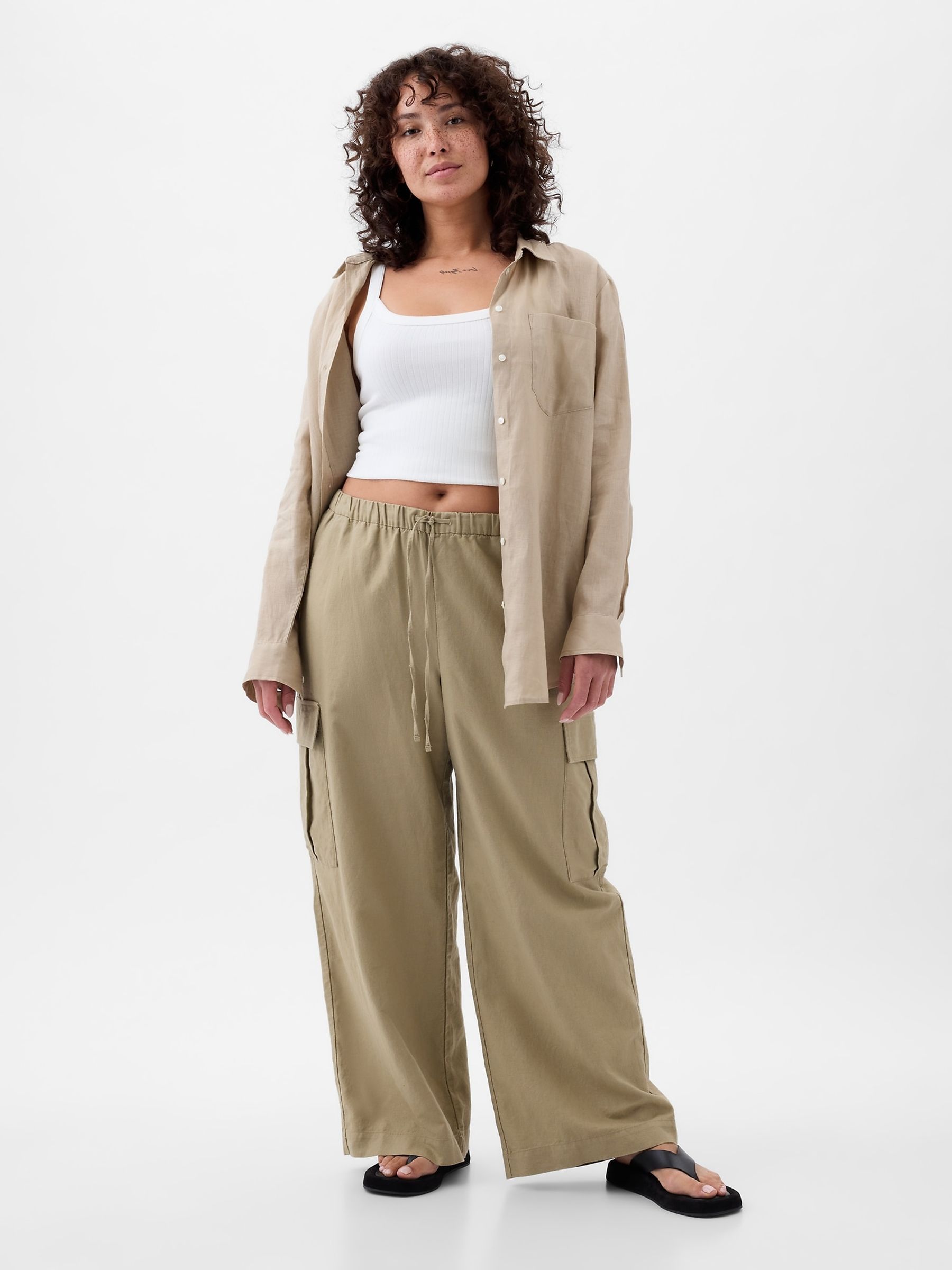 Beige Linen Cotton Blend Mid Rise Cargo Trousers - Image 5 of 6