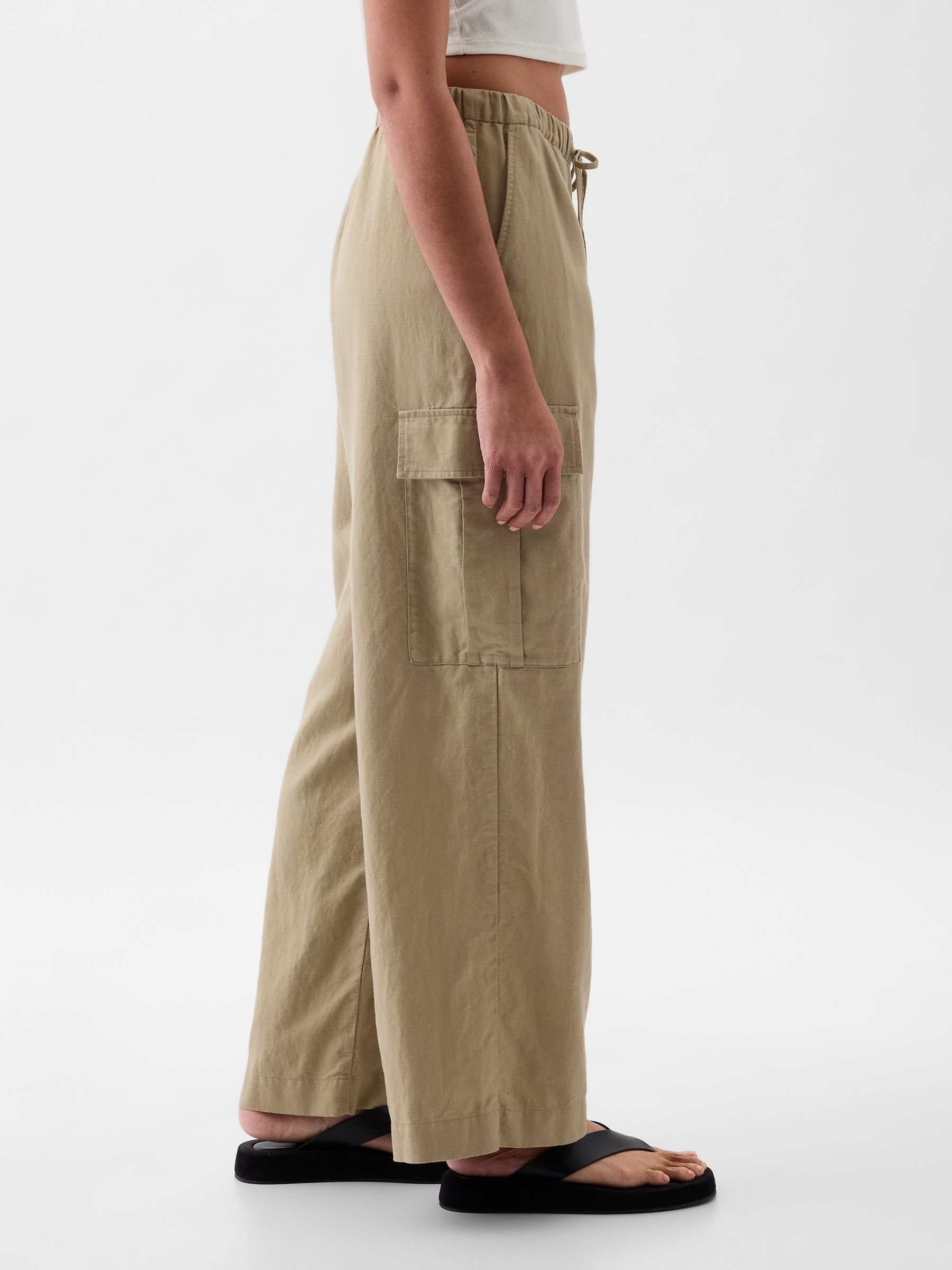 Beige Linen Cotton Blend Mid Rise Cargo Trousers - Image 6 of 6