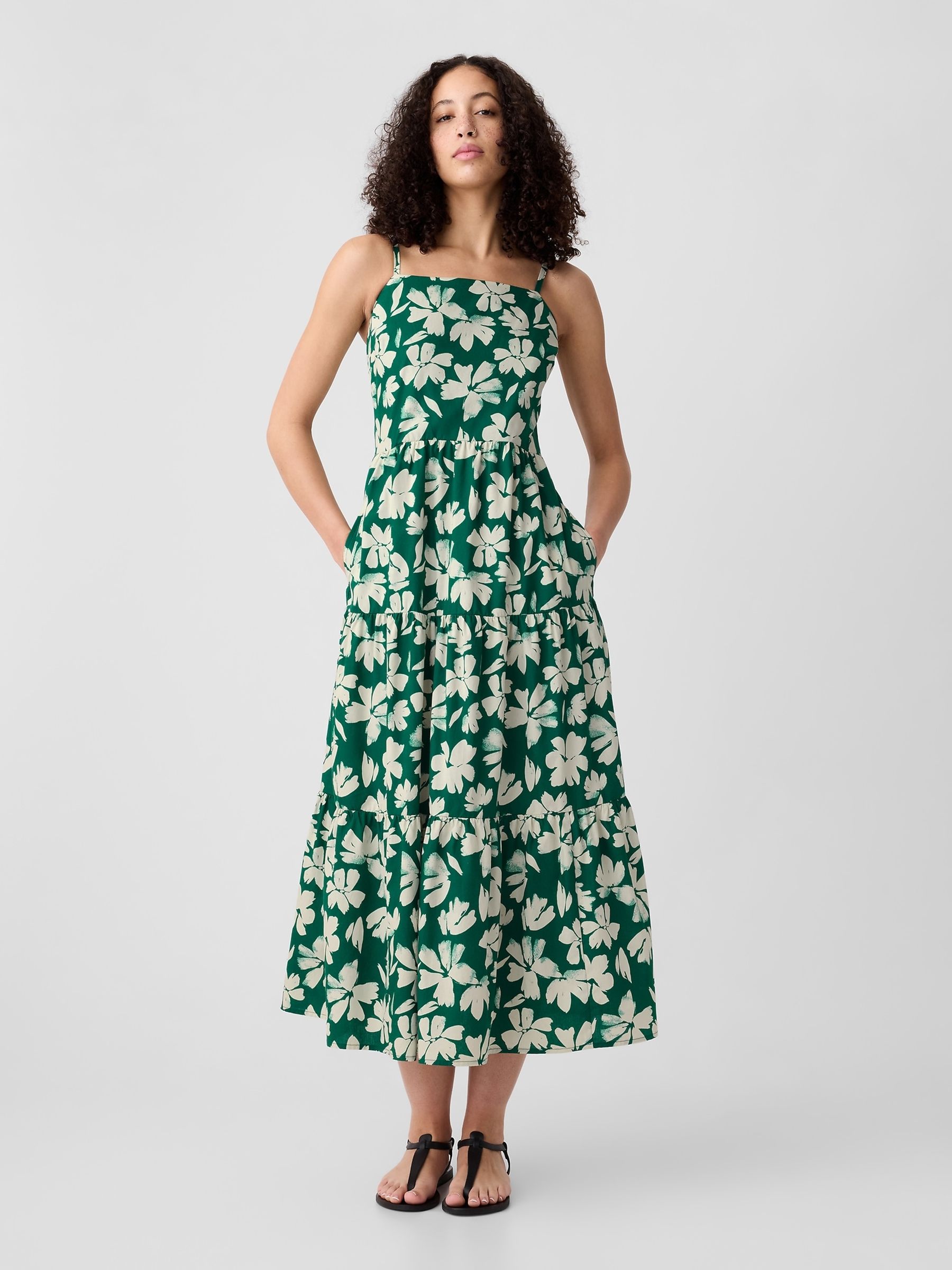 Green Floral Cotton Floral Tiered Maxi Dress | Gap