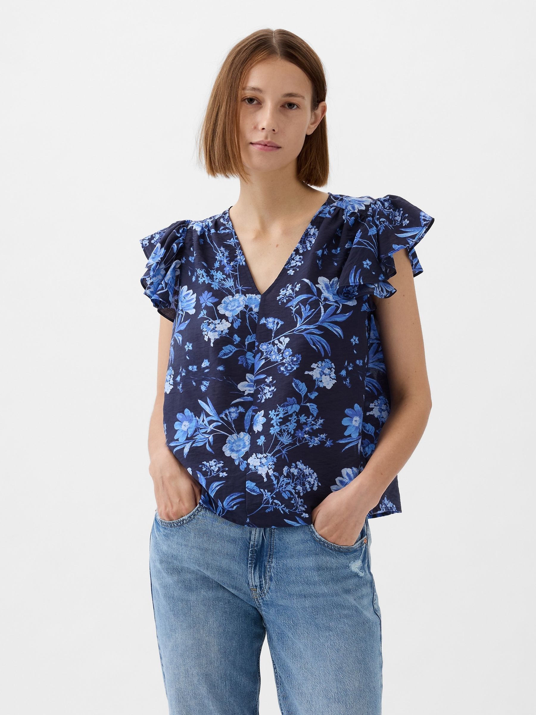 Blue V Neck Flutter Sleeve Blouse - Image 1 of 5