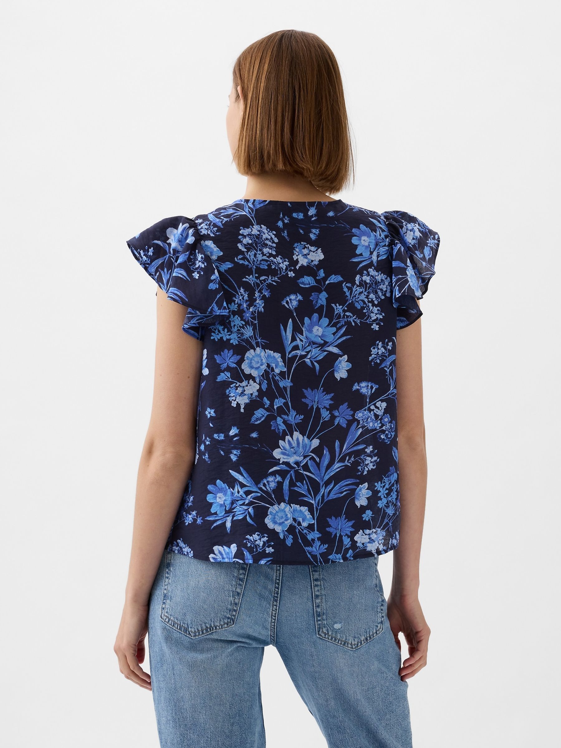 Blue V Neck Flutter Sleeve Blouse - Image 2 of 5