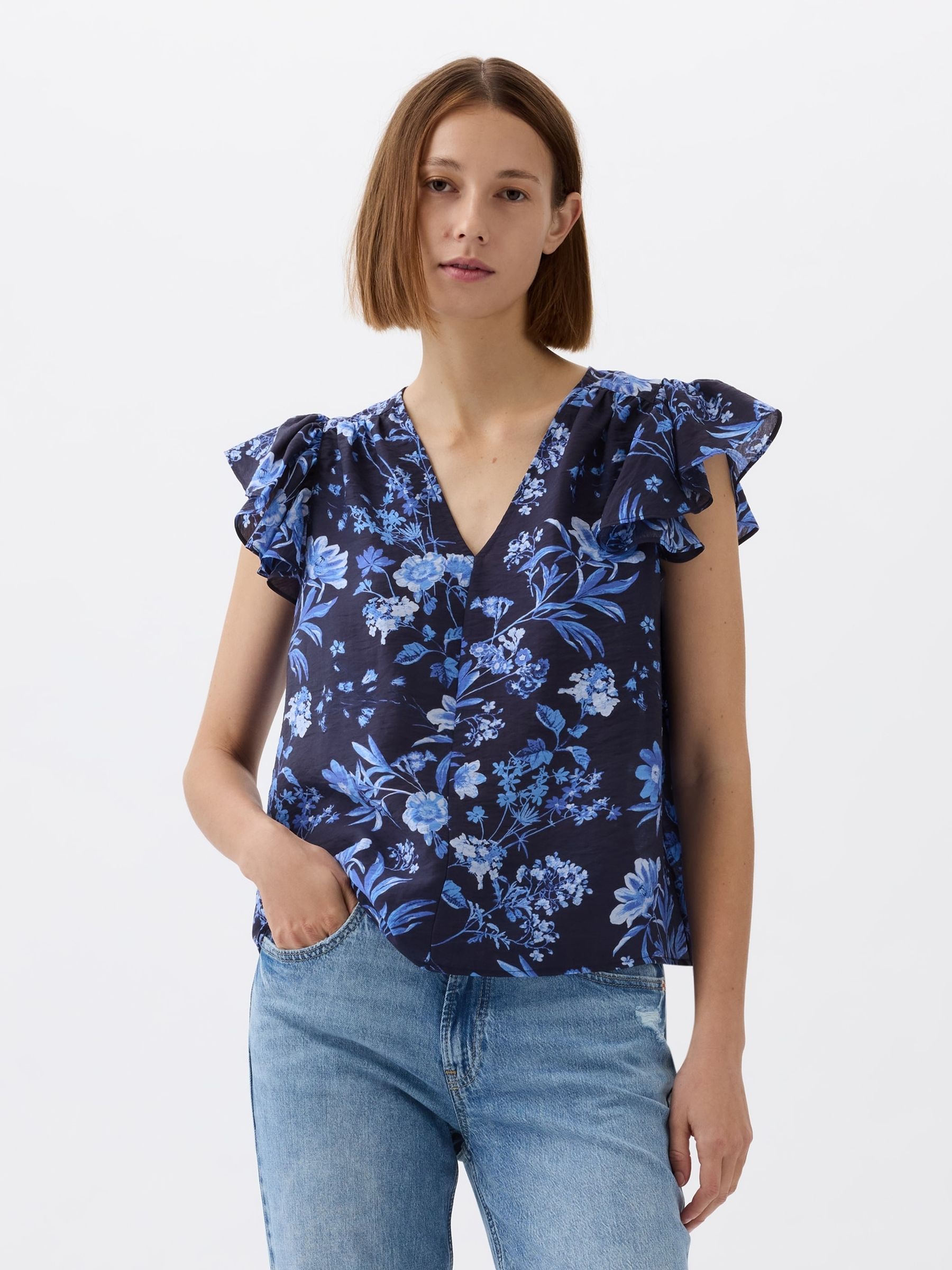Blue V Neck Flutter Sleeve Blouse - Image 3 of 5