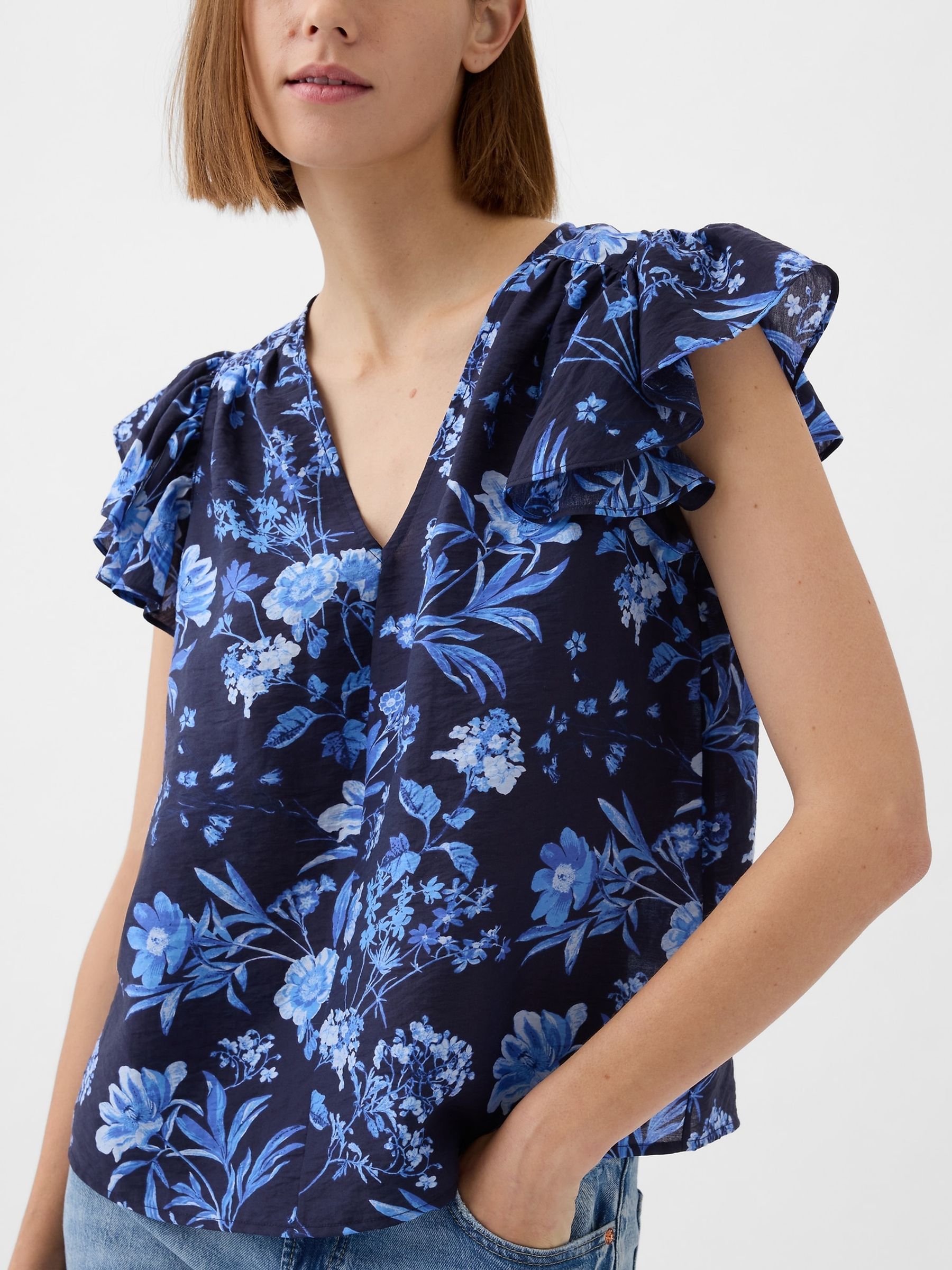 Blue V Neck Flutter Sleeve Blouse - Image 4 of 5
