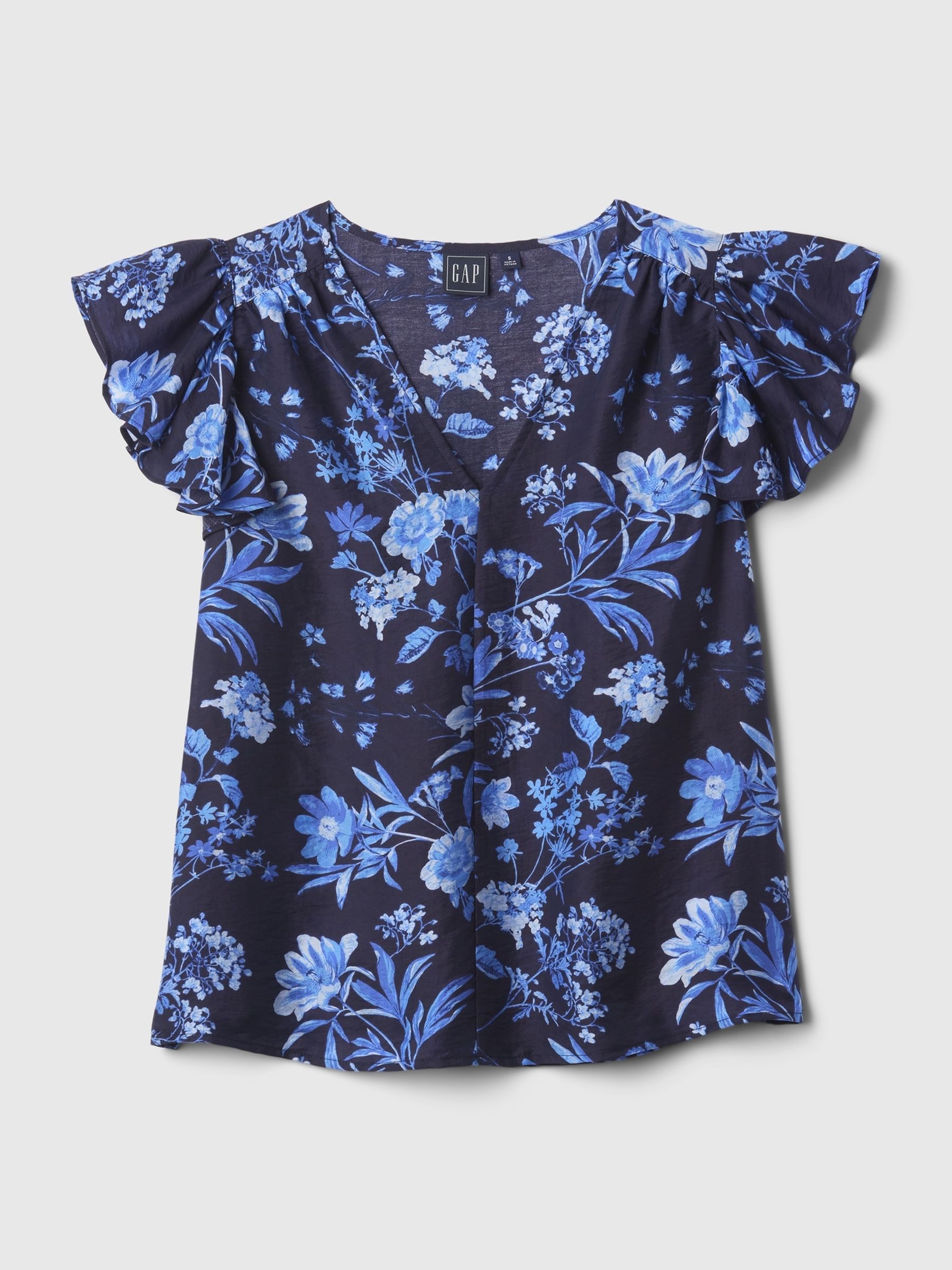 Blue V Neck Flutter Sleeve Blouse - Image 5 of 5