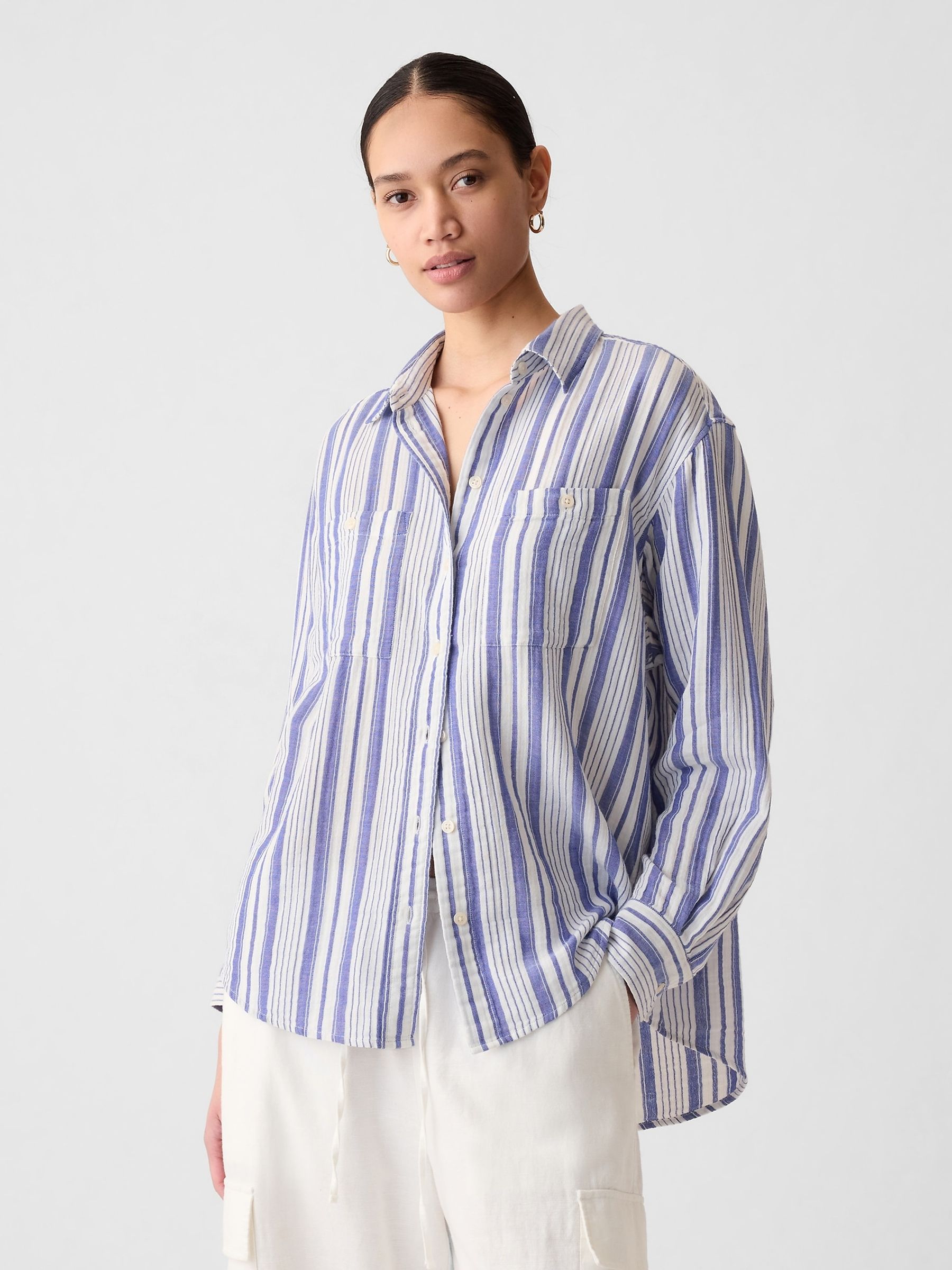 Blue Crinkle Cotton Long Sleeve Oversize Shirt - Image 1 of 3