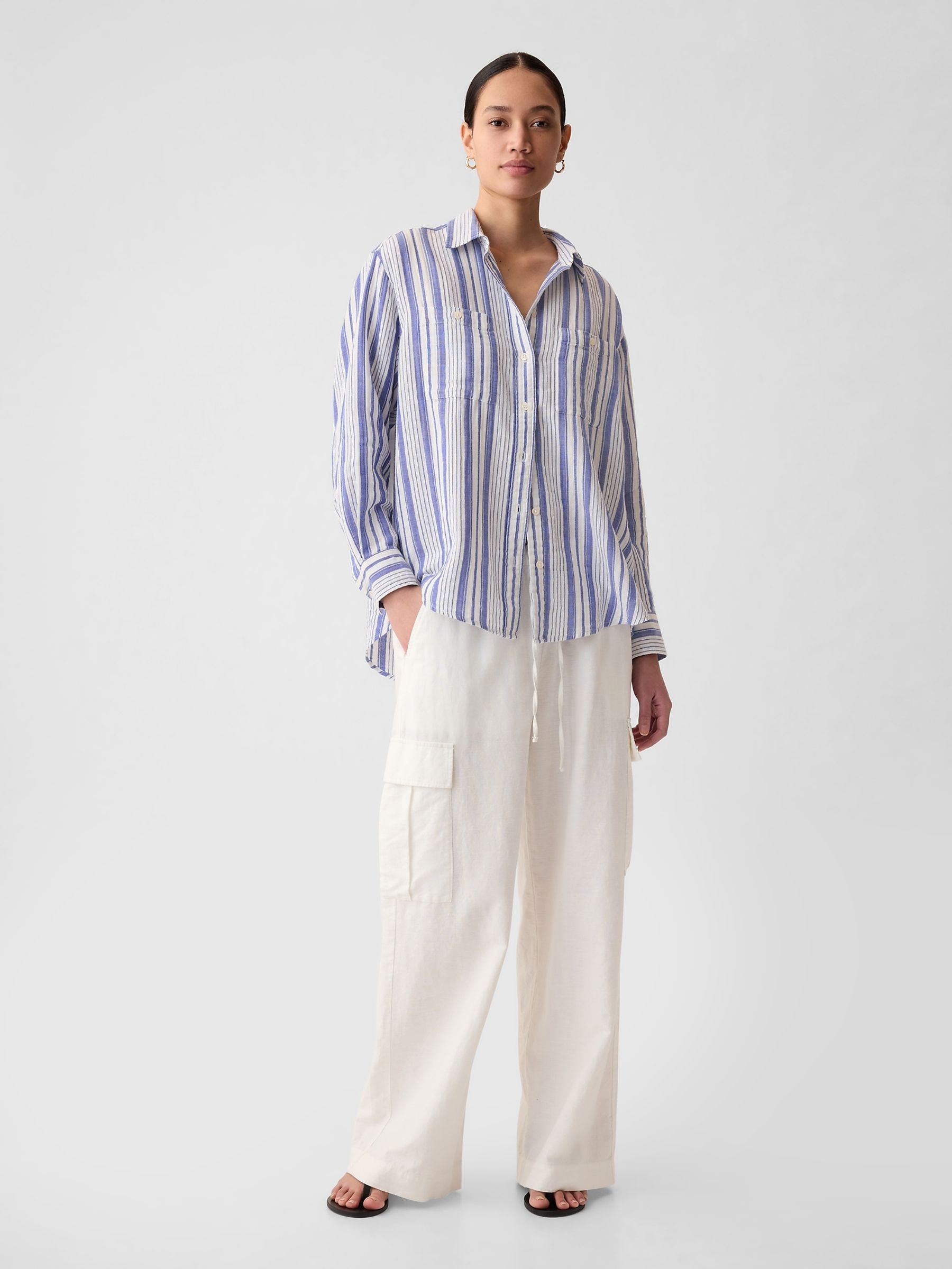Blue Crinkle Cotton Long Sleeve Oversize Shirt - Image 3 of 3