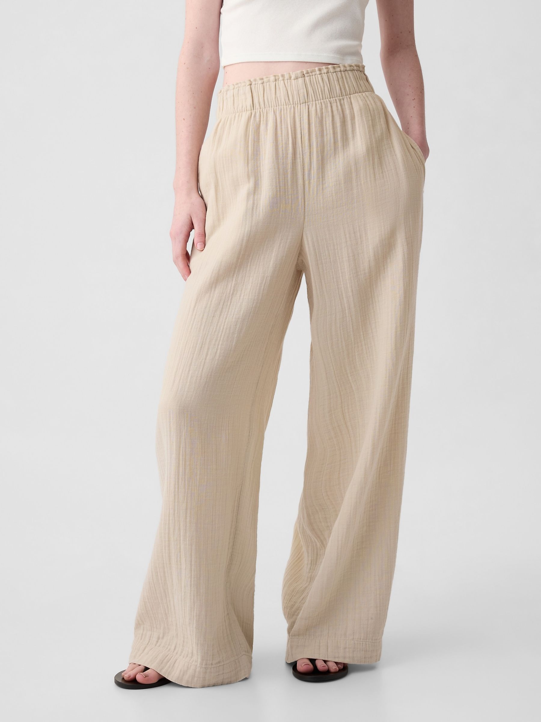 Beige Crinkle Cotton Wide Leg Pull On Trouser - Image 1 of 6